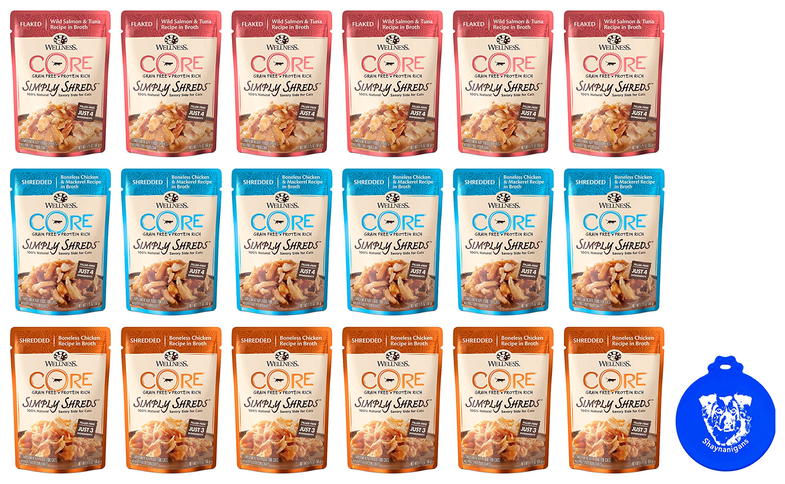 Generic Wellness CORE Simply Shreds Grain Free Wet Cat Food Topper in 3 Flavors: (6) Chicken, (6) Salmon & Tuna and (6) Chicken & Mackerel (18 Pouches Total, 1.75 Ounces Each) Plus Silicone Lid