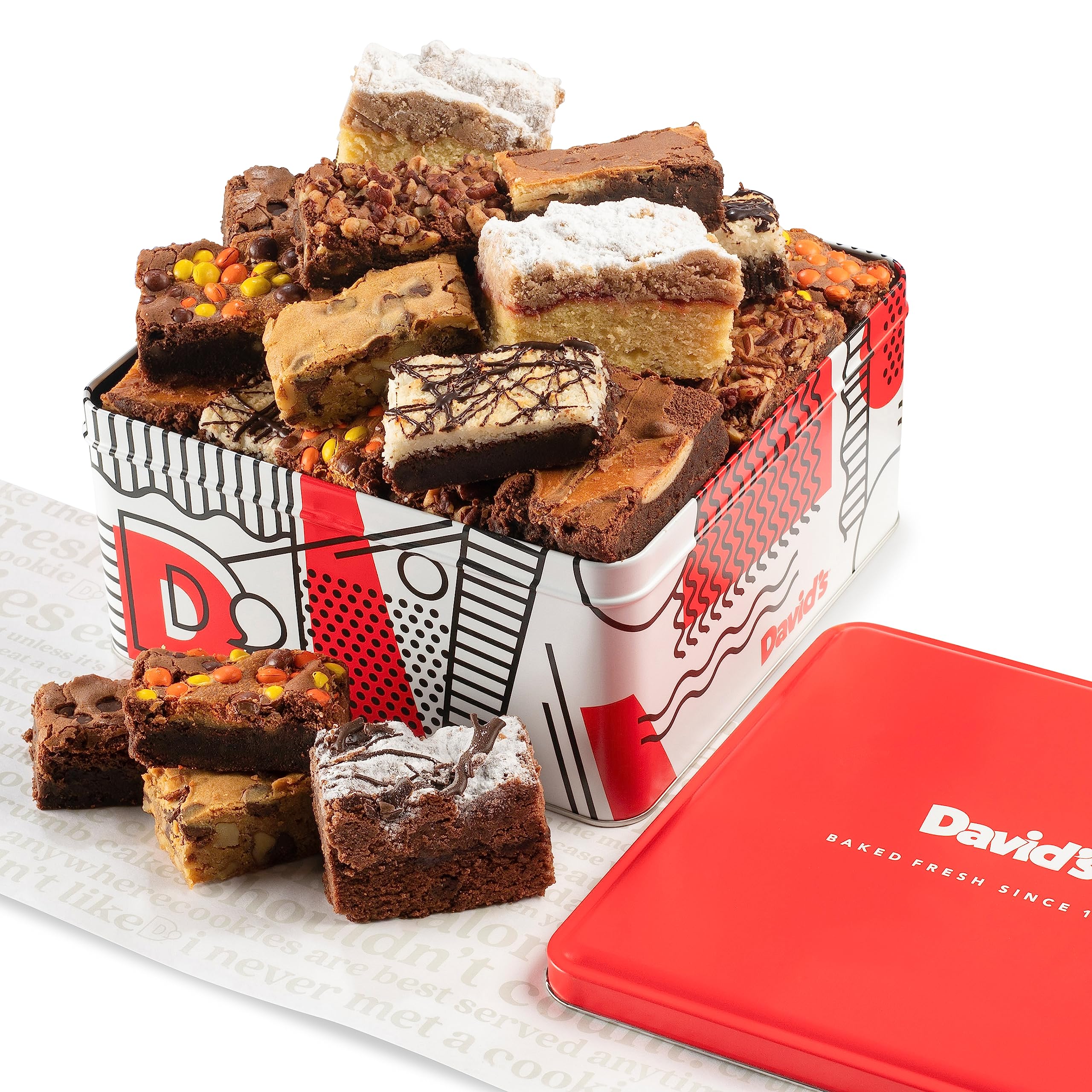 David's COOKIESAssorted Brownies & Crumb Cake Gift Tin 3Lbs - Delicious, Fresh Baked Snacks, Gourmet Chocolate Fudge Slices, Brownies Gift Basket - Ideal Gift for Superbowl & Other Special Occasions