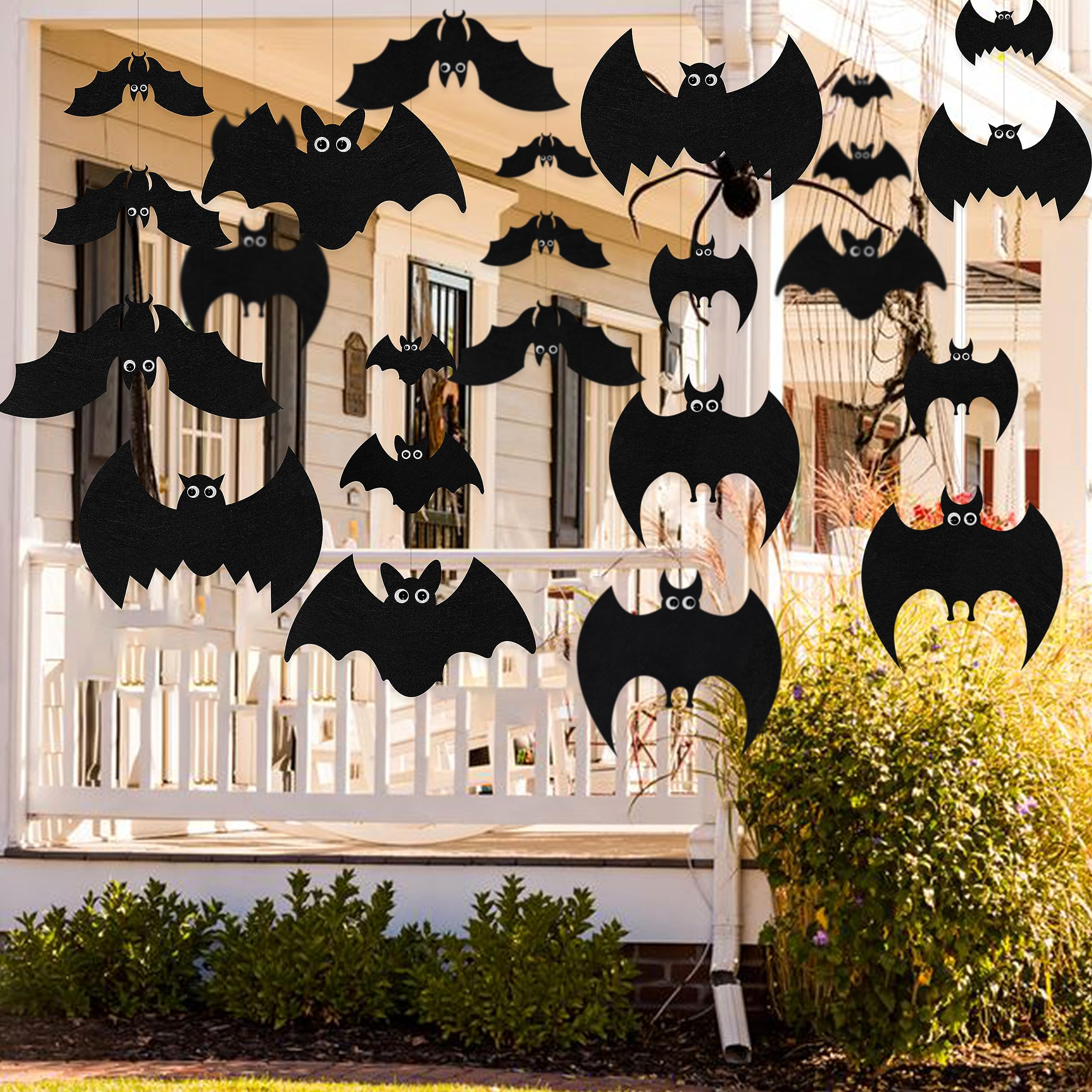 pinkblumeHalloween Hanging Bats Decorations Felt Large Black Bat Garland with 3D Eye Stickers for Halloween Birthday Bachelorette Party Supplies Home Indoor Outdoor Tree Porch Yard Lawn Decor 24PCS