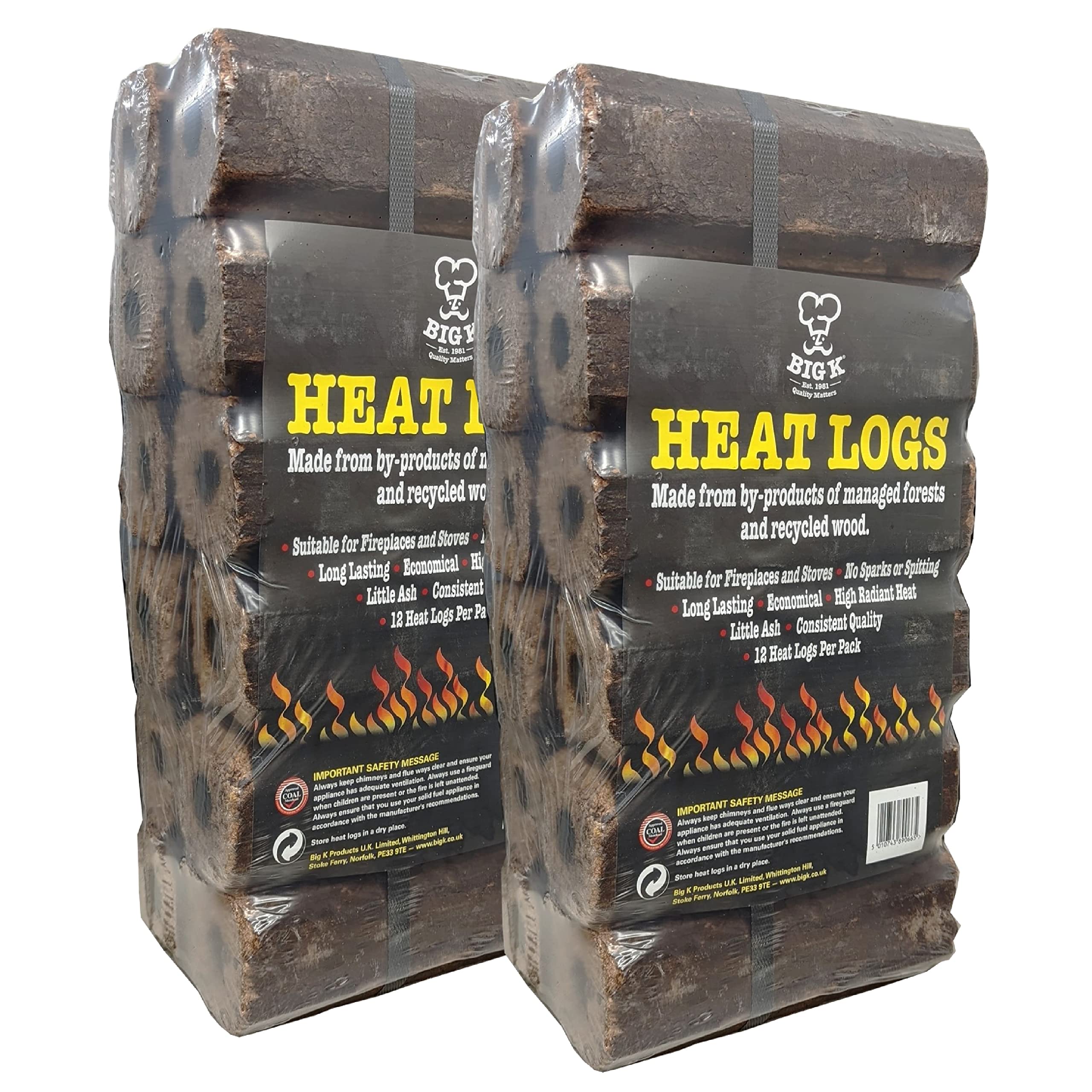 topline Eco Wood Fire Heat Logs - Pack of 24 Compressed Fuel Big K with Complimentary Matches. Perfect for Burners, Open Fires, Chimeneas and Multi-Fuel Stoves., Brown, 40x30 (HL2)