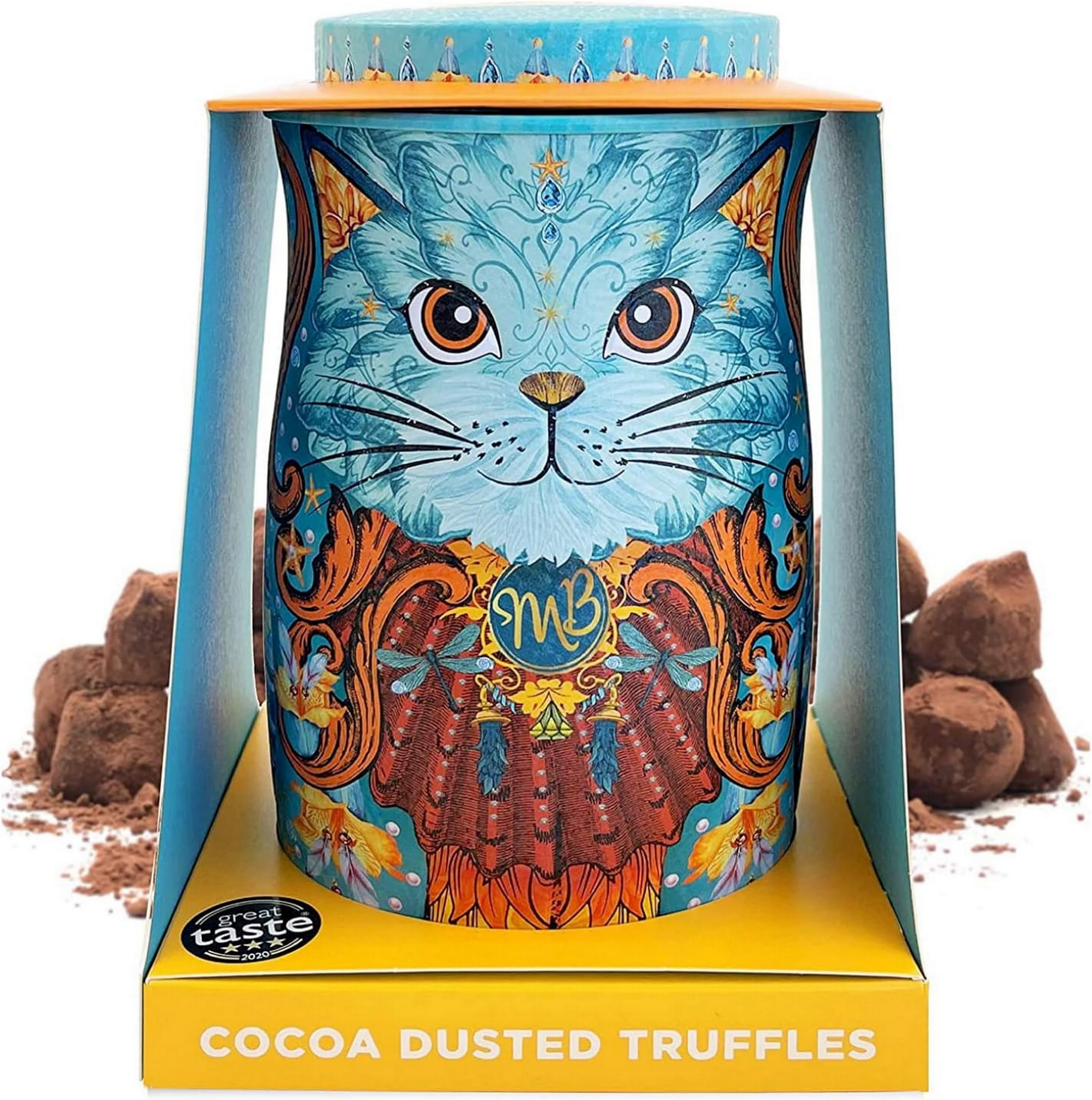 Monty Bojangles Spirit Blue Cocoa Dusted Chocolate Truffles Cat Tin (135g) - Coconut Crush Flavoured Luxury Chocolatey Truffles - Collectable Cat Tin, Truffles Chocolate Gift Box With Bespoke Design