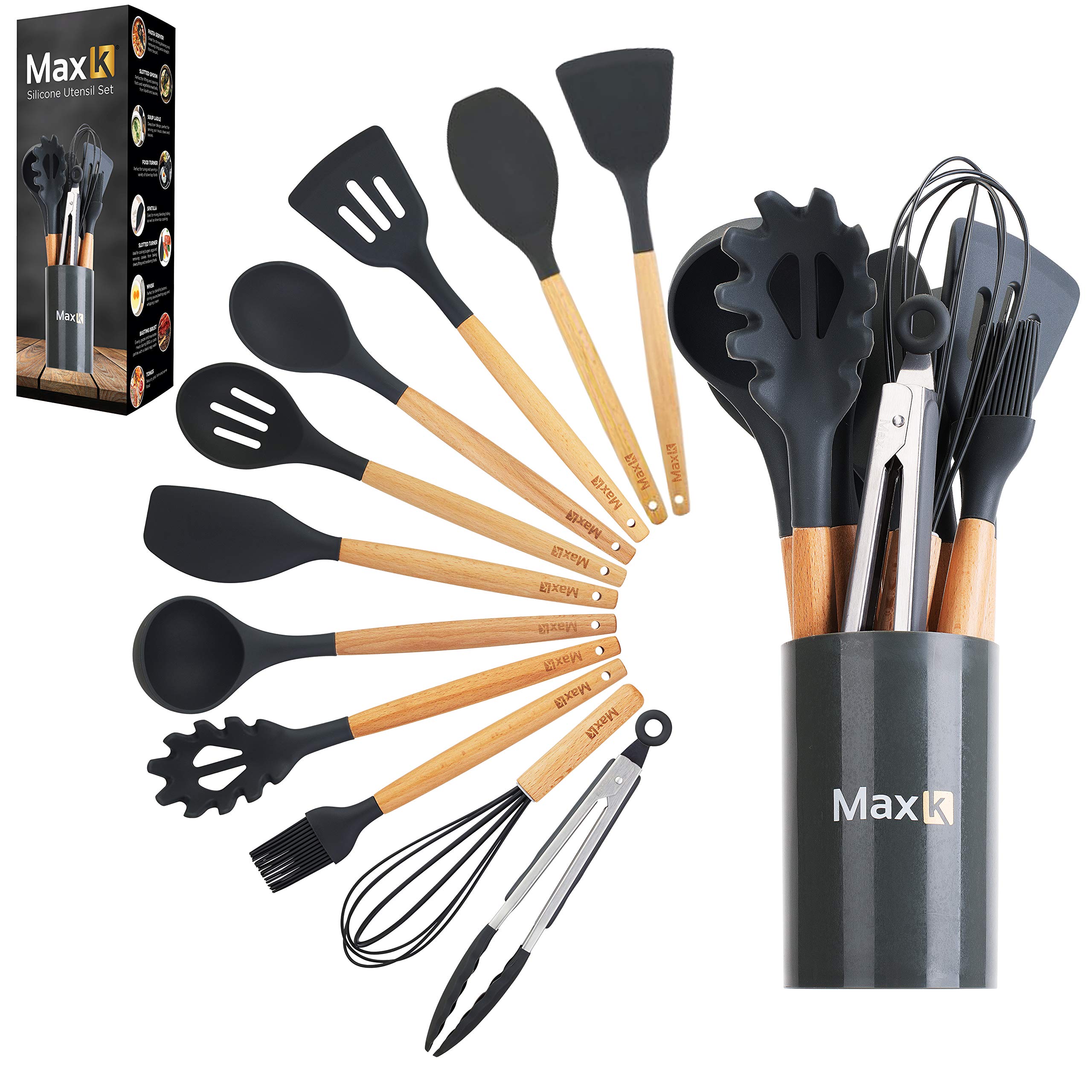 Kitchen Utensil Set - 12-Piece Utensils with Silicone Tips, Wooden Handles, & Countertop Holder - Food-Grade Tools for Frying, Cooking, Mixing, Serving Dishes - Best for Nonstick Pots & Pans