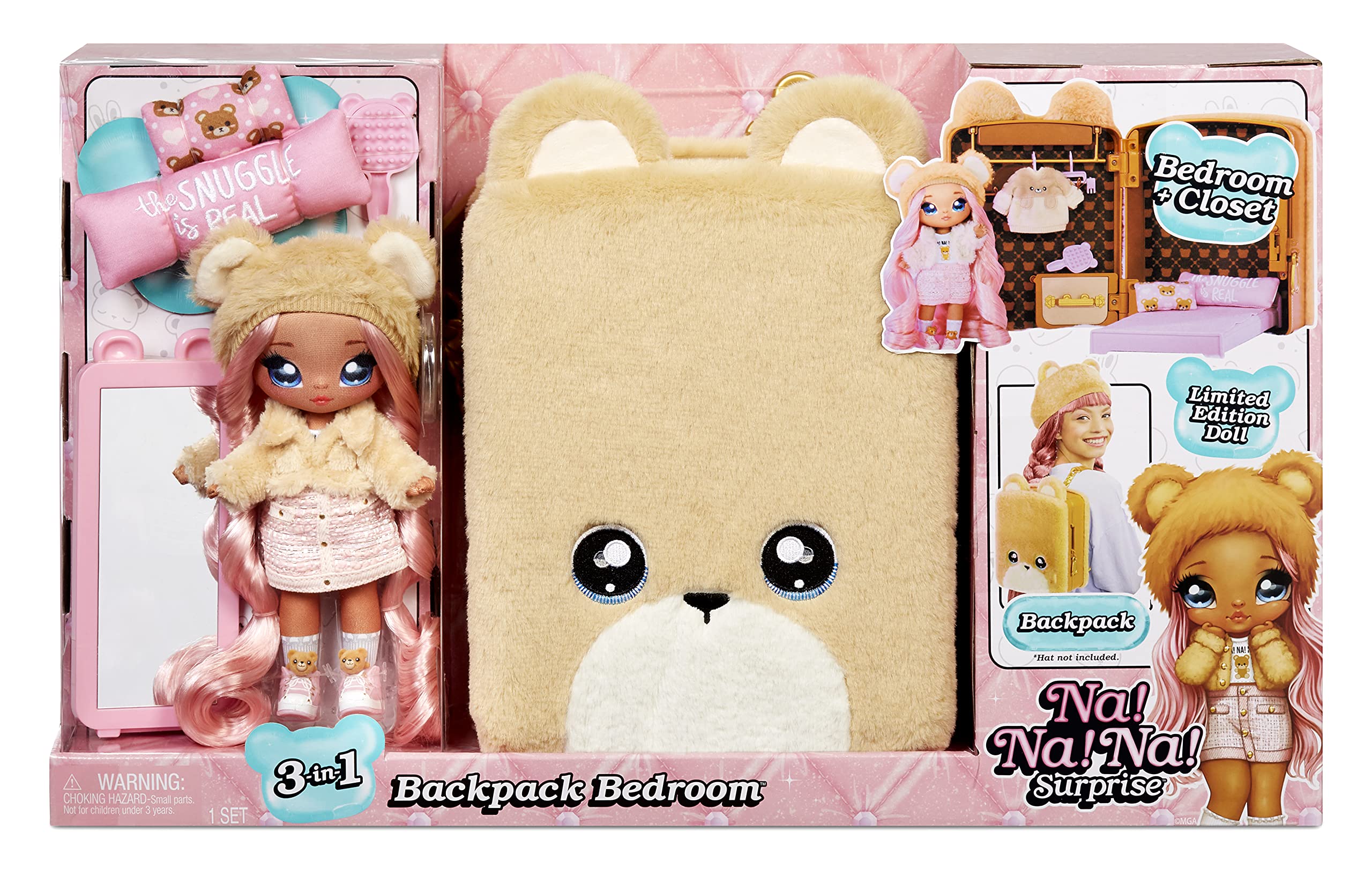 Na Surprise 575702EUc 3-In-1 Backpack Bedroom Playset Sarah Snuggles-Fuzzy Teddy Bear Bag Includes Limited Edition Soft Fashion Doll With Exclusive Outfit & More-Collectable-For Kids Ages 5+