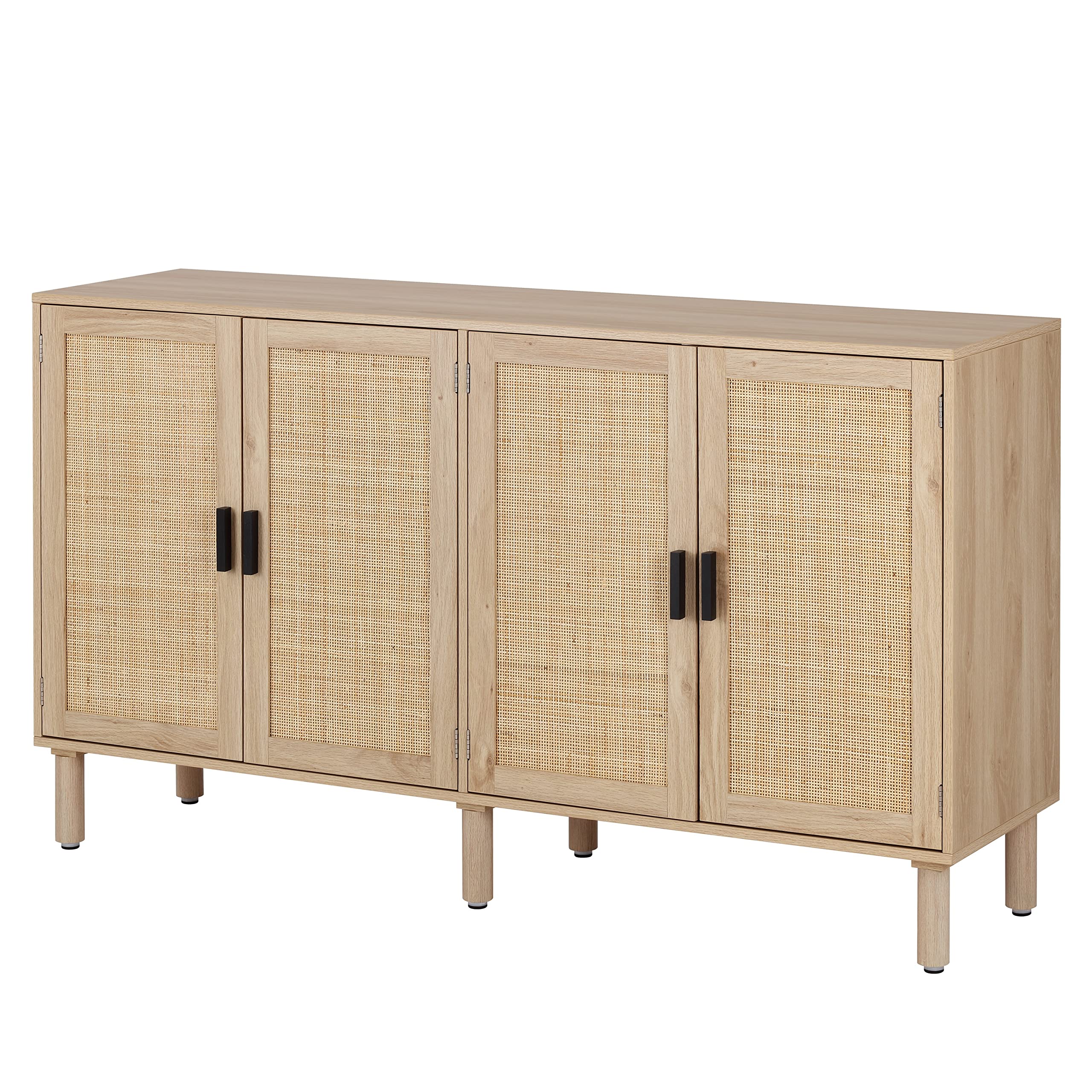 Finnhomy 4 Door Sideboard Buffet Cabinet, Kitchen Storage Cabinet with Rattan Decorated Doors, Cupboard Console Table, Boho Accent Liquor Cabinet, Bar Cabinet, 62.3X 15.7X 34.6 Inches, Natural