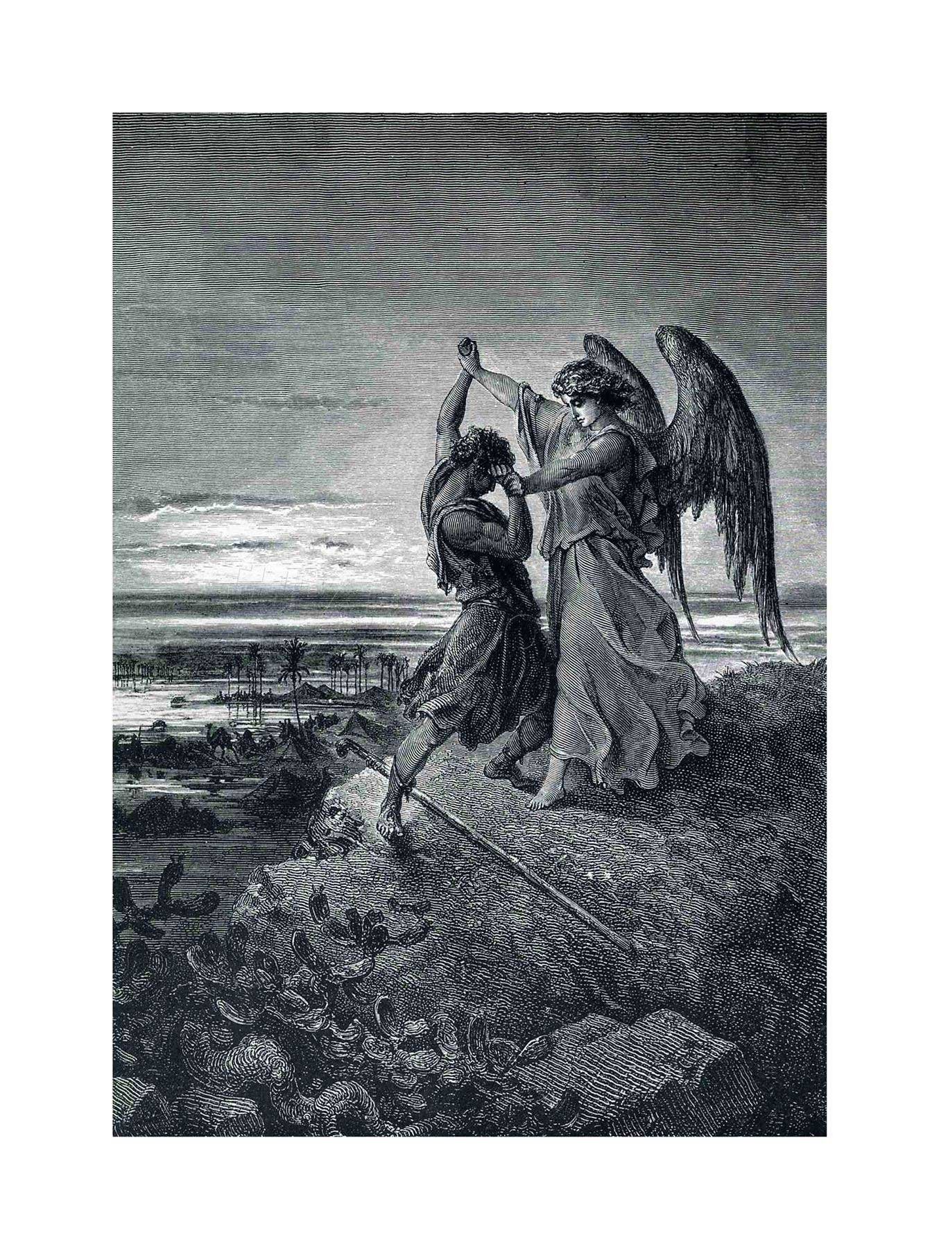 Wee Blue Coo Painting Dore Jacob Wrestling With Angel Wall Art Print