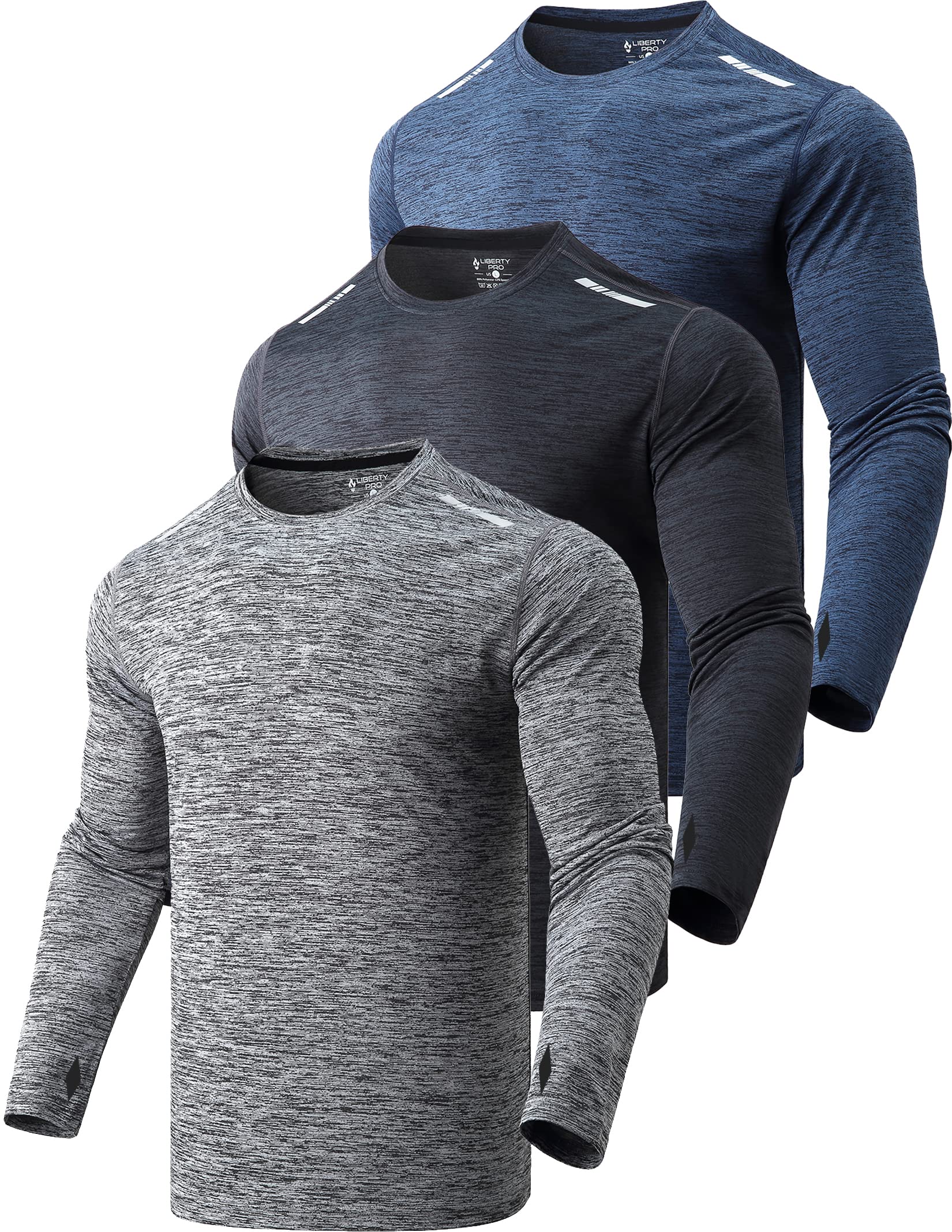 3 Pack Men's Dry Fit Performance Crewneck Long Sleeve T-Shirts, Athletic Running Tops with Thumb Holes