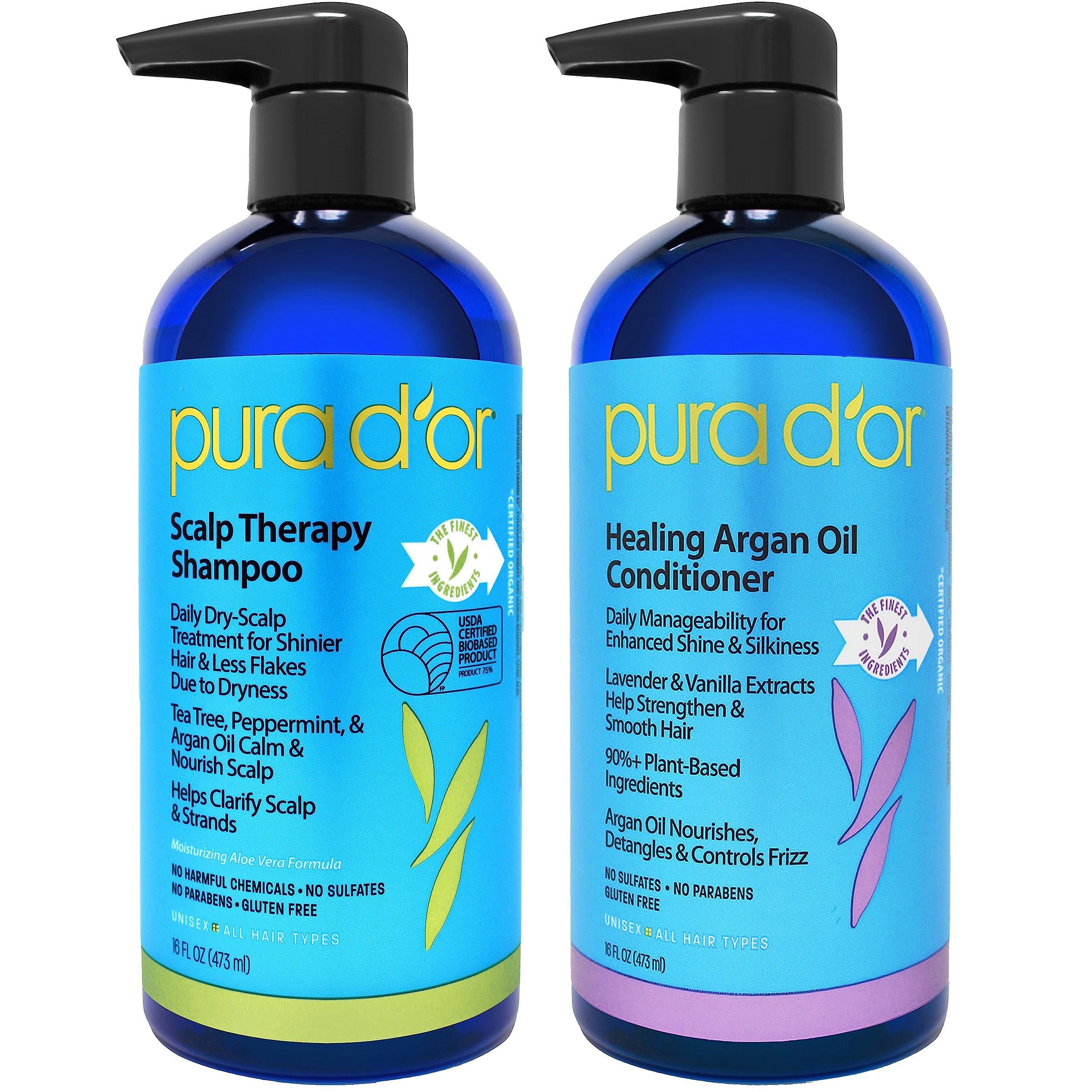 PURA D'ORScalp Therapy Shampoo & Conditioner Set (16oz x 2) Dry, Itchy Scalp-Hydrates & Nourishes Hair w/Tea Tree, Peppermint, Argan Oil & Biotin, All Hair Type, 3 in 1, Men Women (Packaging Varies)