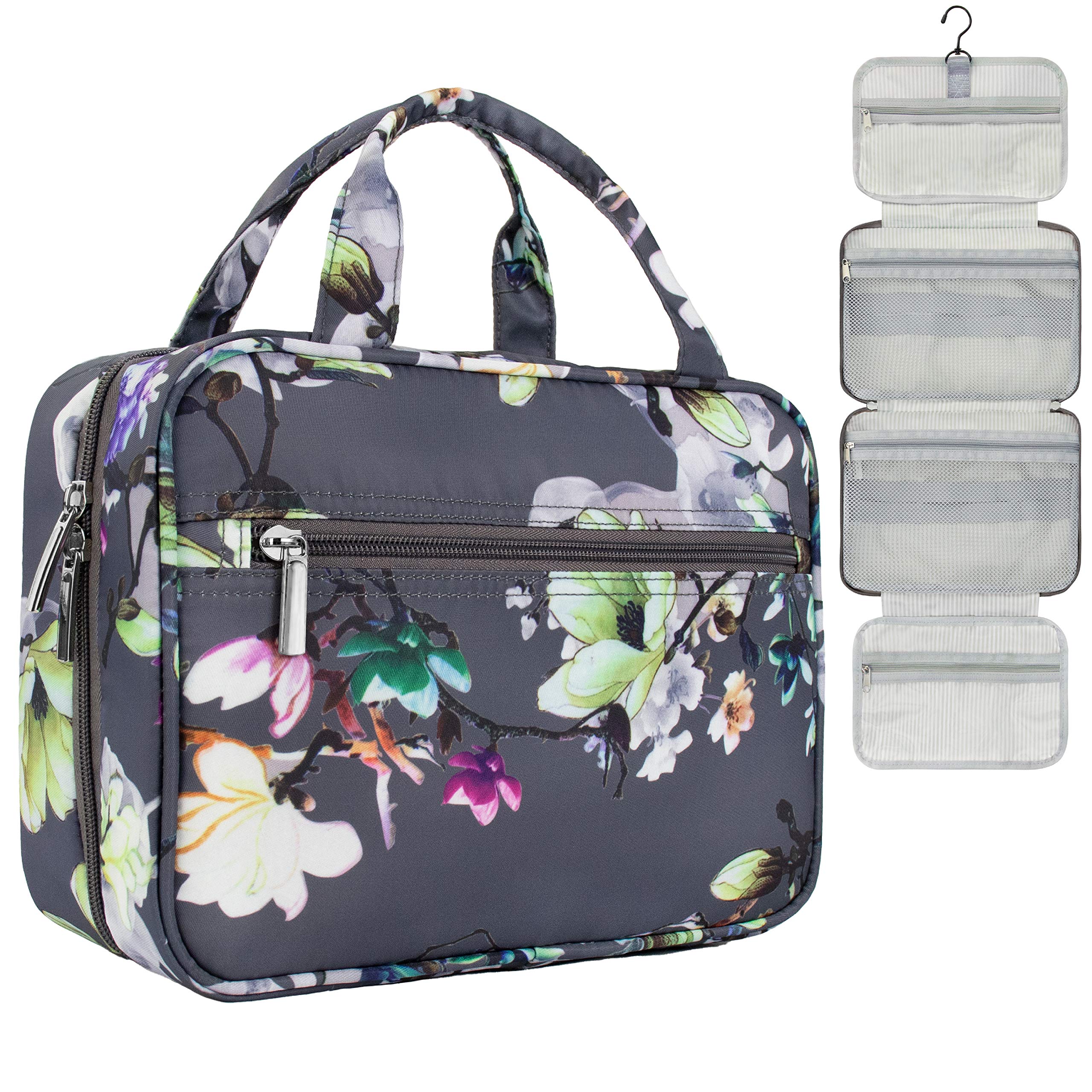 PAVILIA Hanging Toiletry Bag Travel Bag Women Men, Foldable Cosmetic Organizer, Water Resistant Makeup Bag Accessories Toiletries, Large Travel Essentials Kit, Floral Grey, One Size