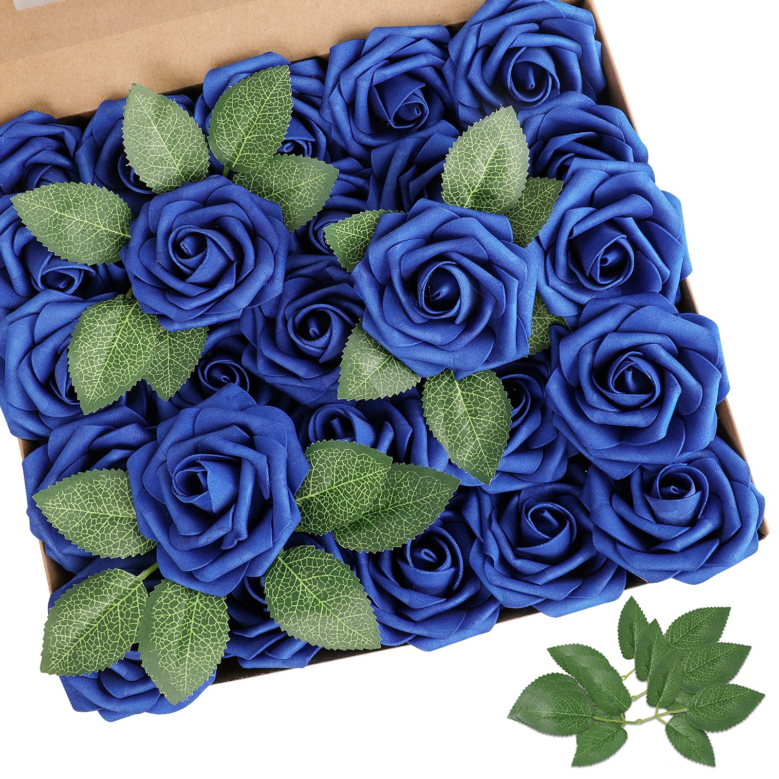 AMYHOMIEArtificial Flower Royal Blue Rose 25pcs Real Looking Fake Roses w/Stem for DIY Wedding Bouquets Centerpieces Arrangements Party Baby Shower Home Decorations