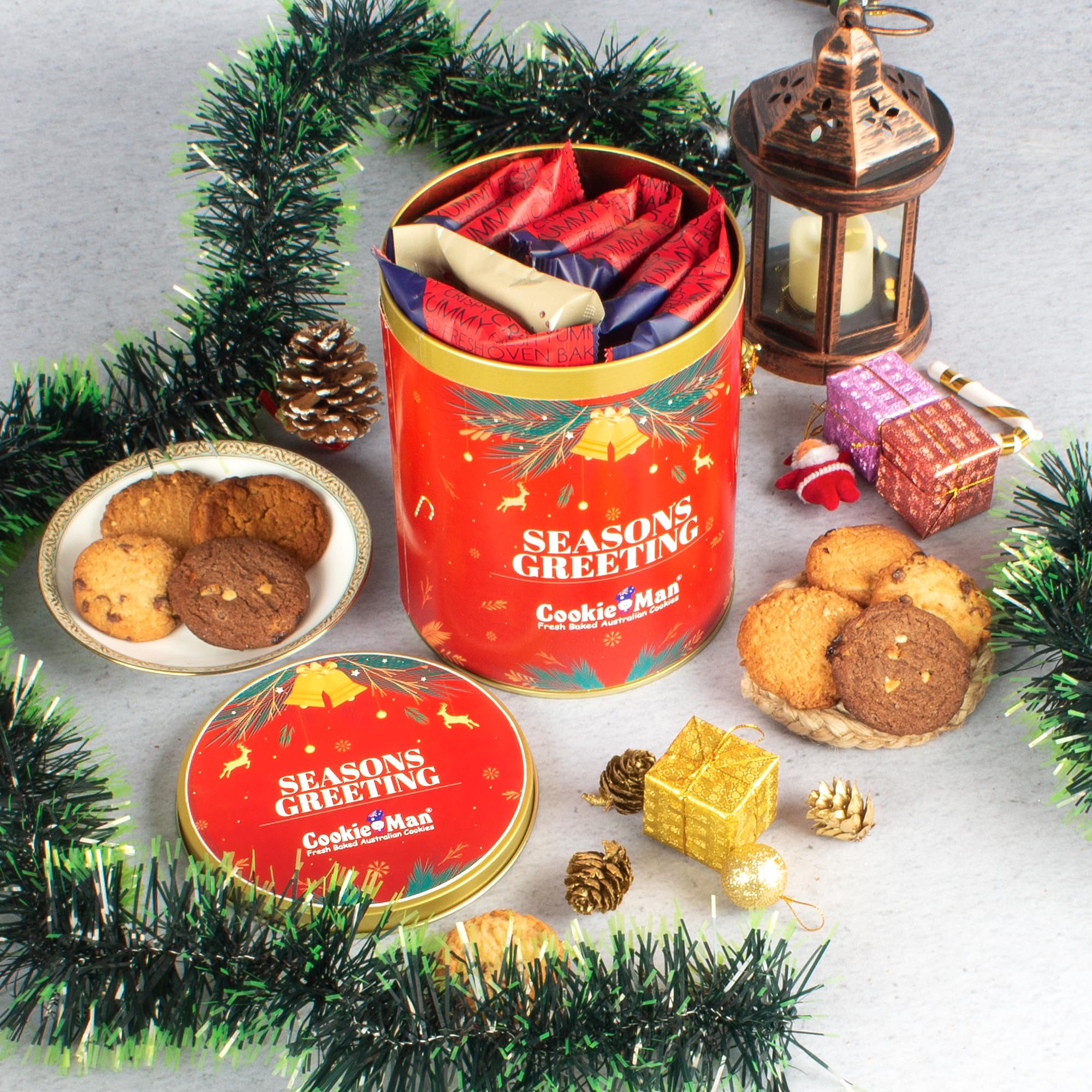 CookieMan Premium Assorted Cookies Gift Pack - 600g | Ideal Gifting for Christmas & Season Greetings | Freshly Baked Australian Cookies in 5 flavours | Red Gift Tin Hampers for Friends and Family