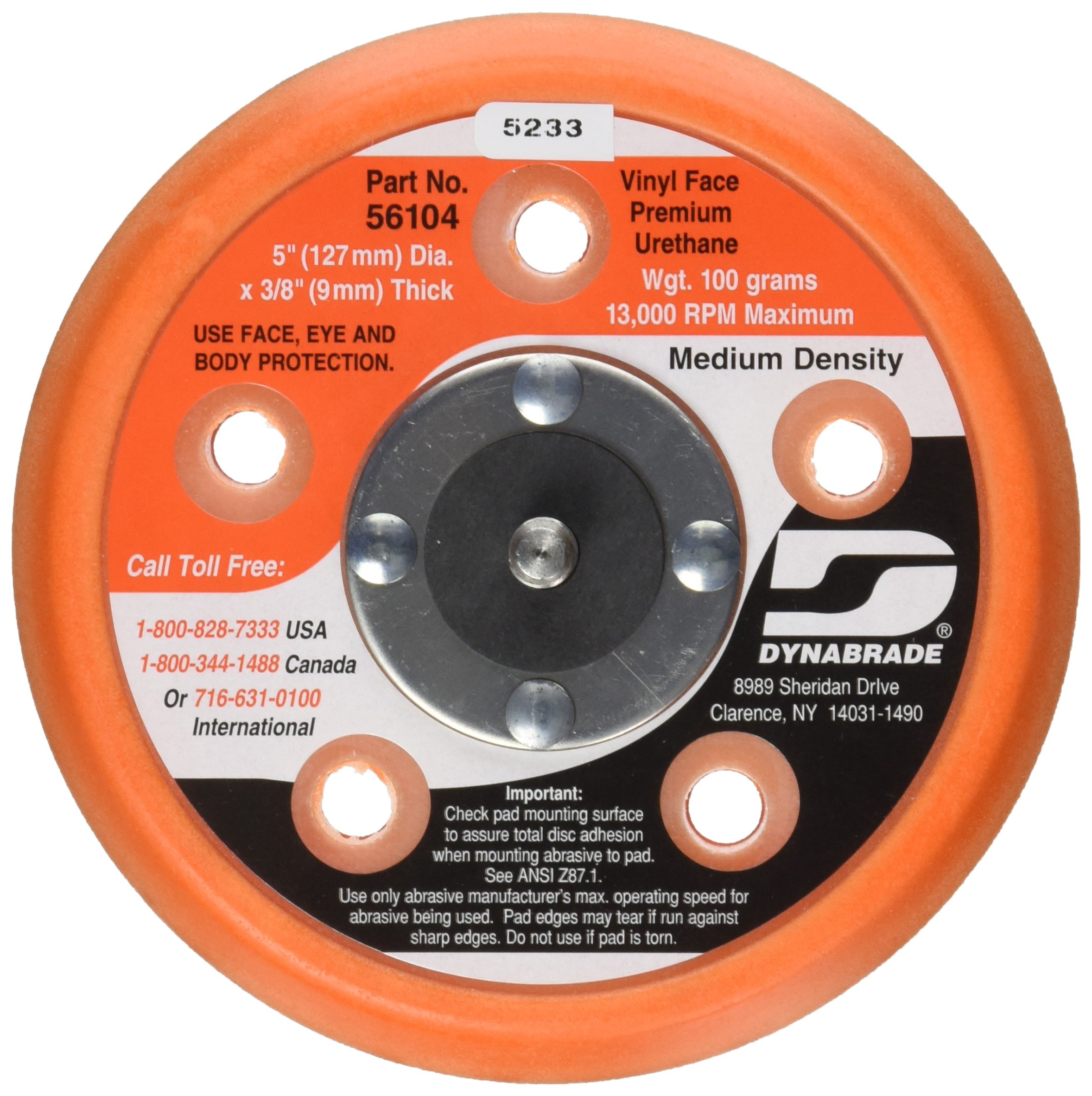 Dynabrade 56104 5-Inch Diameter Vinyl-Face 3/8-Inch Thick Urethane Medium Density 5/16-Inch-24 Male Thread Vacuum Disc Pa