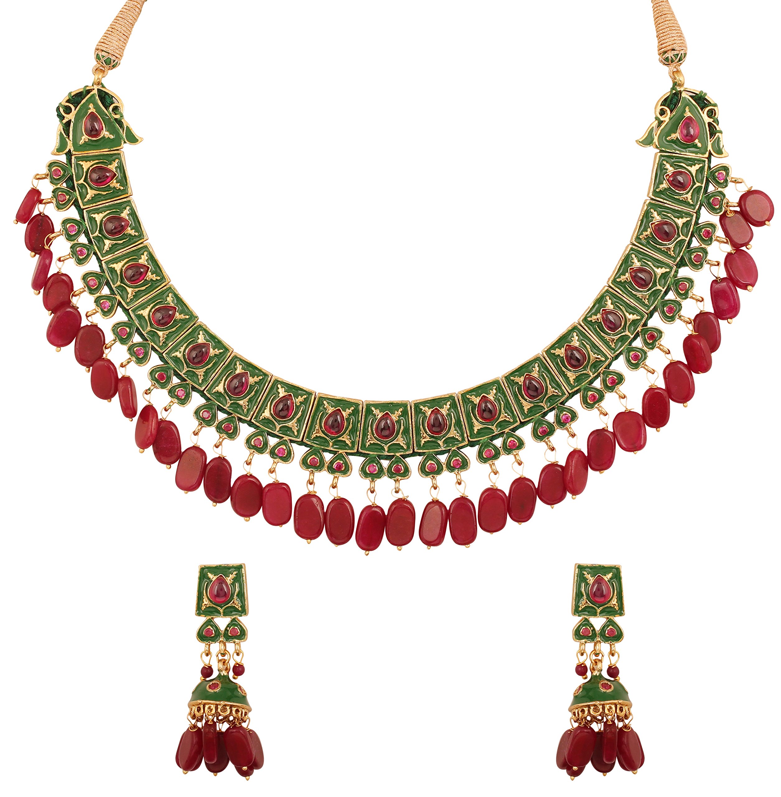 Touchstone Indian Bollywood Mughal Jaipur Meenakari Enamel Onyx Beads Designer Jewelry Necklace Set in Gold Tone for Women