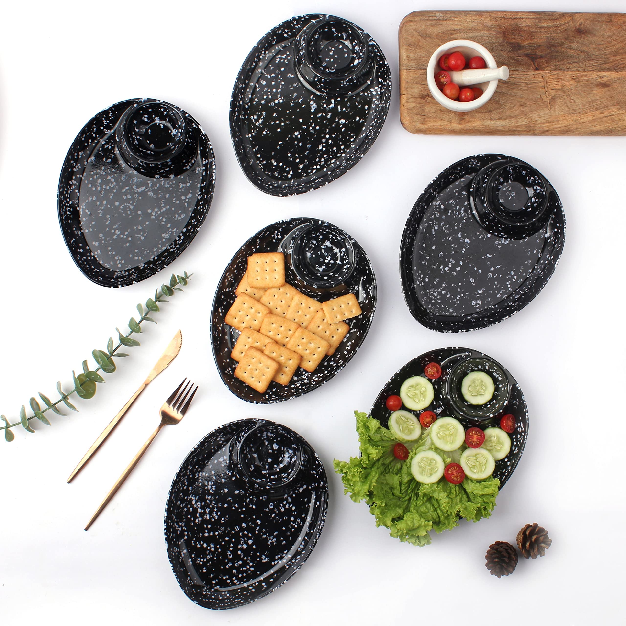 Castleite Wales Multi-Purpose Kitchen Serving Platter: Deluxe Melamine Crockery Set of 6 - Versatile Chip and Dip Dish for Snacks, Starters & Desserts (Marble Black)