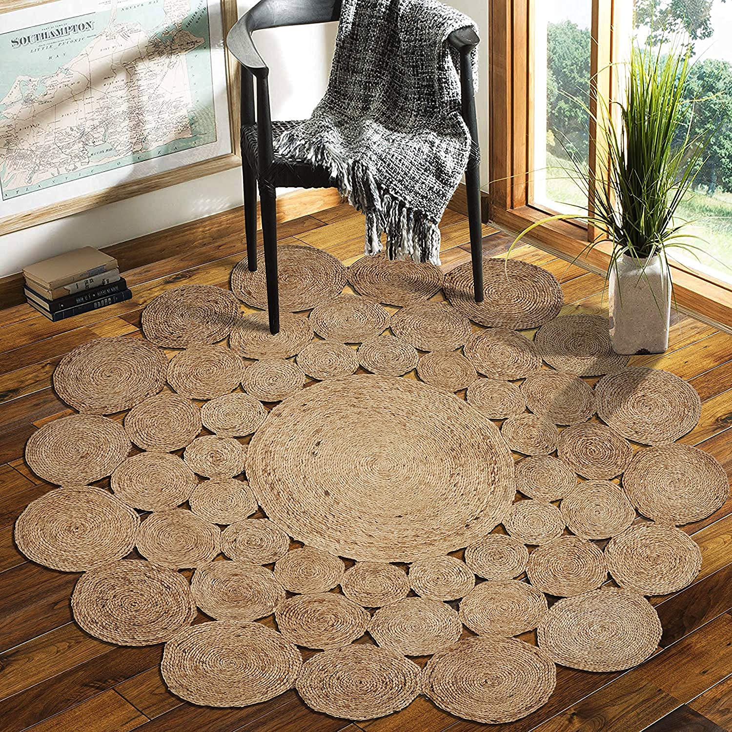 Agro Richer Natural Beige Jute Round Designer Hand Braided Home Decorative Area Rug Living room Area rug Indoor Outdoor Carpet (120X120 CM)