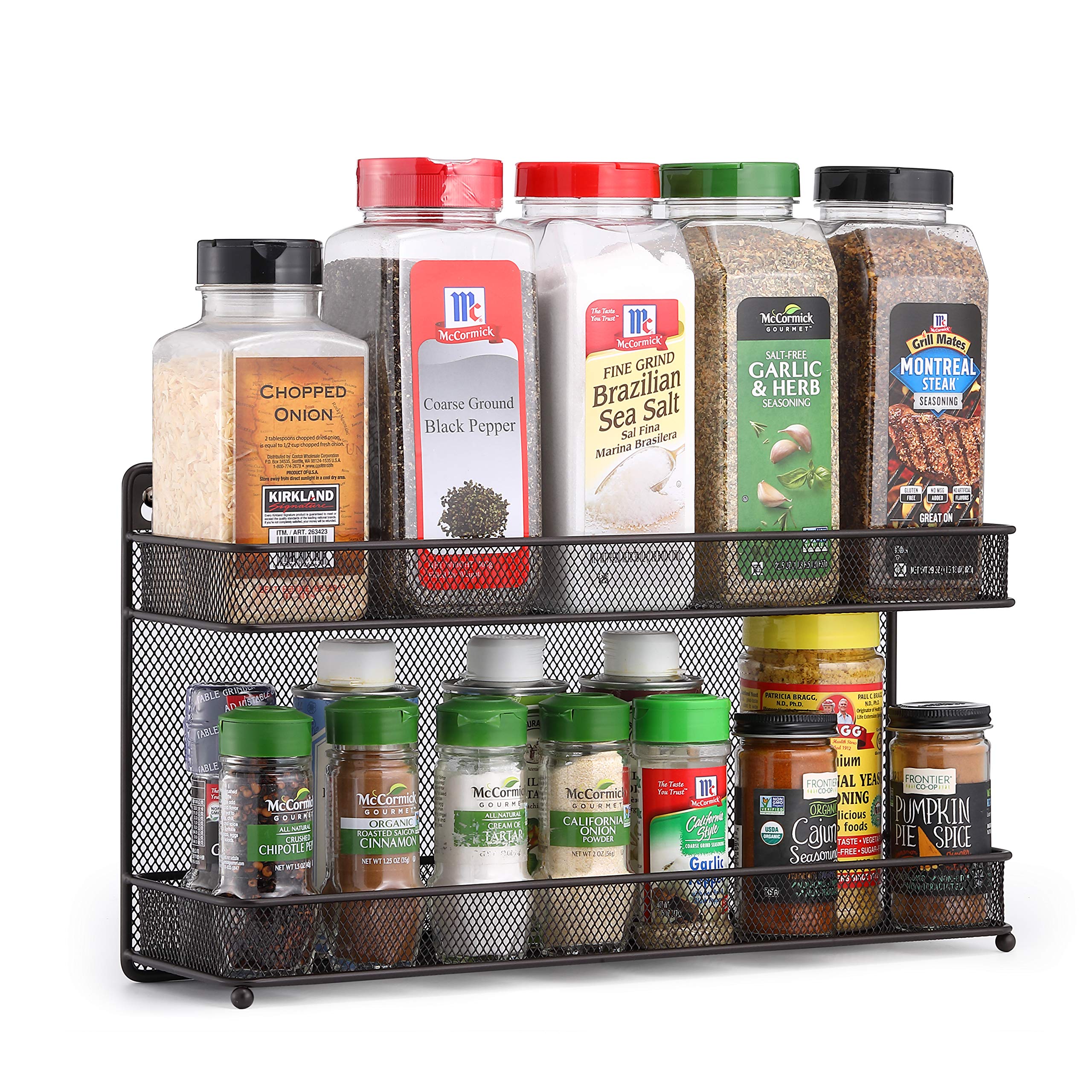 CAXXA2 Tier Mesh Kitchen Counter-top or Wall Mount Spice Rack Jars Storage Organizer, Bronze