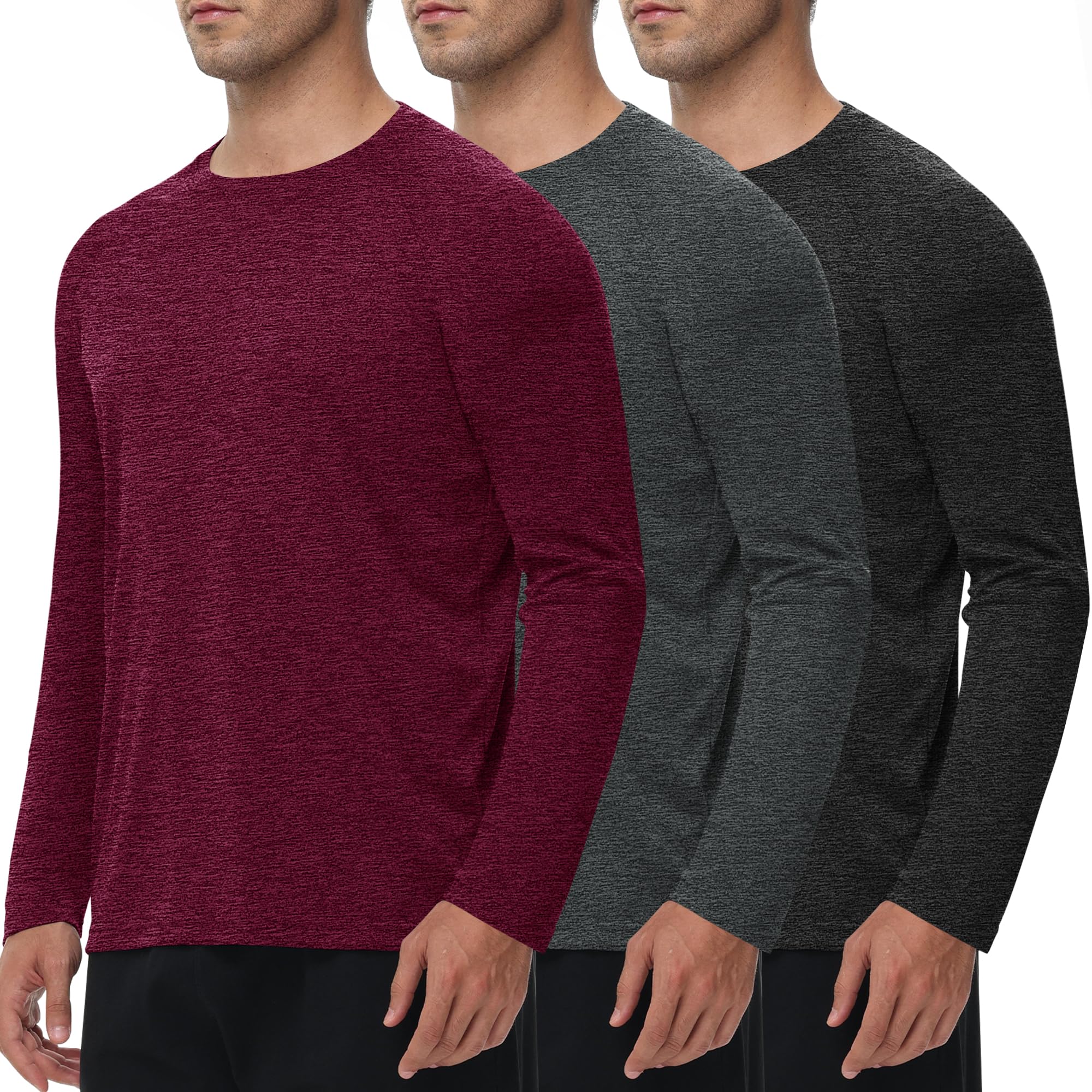 3 Pack Long Sleeve Shirts for Men - Dry Fit Moisture Wicking UV UPF Sun Protection T-Shirts for Casual Workout Fishing