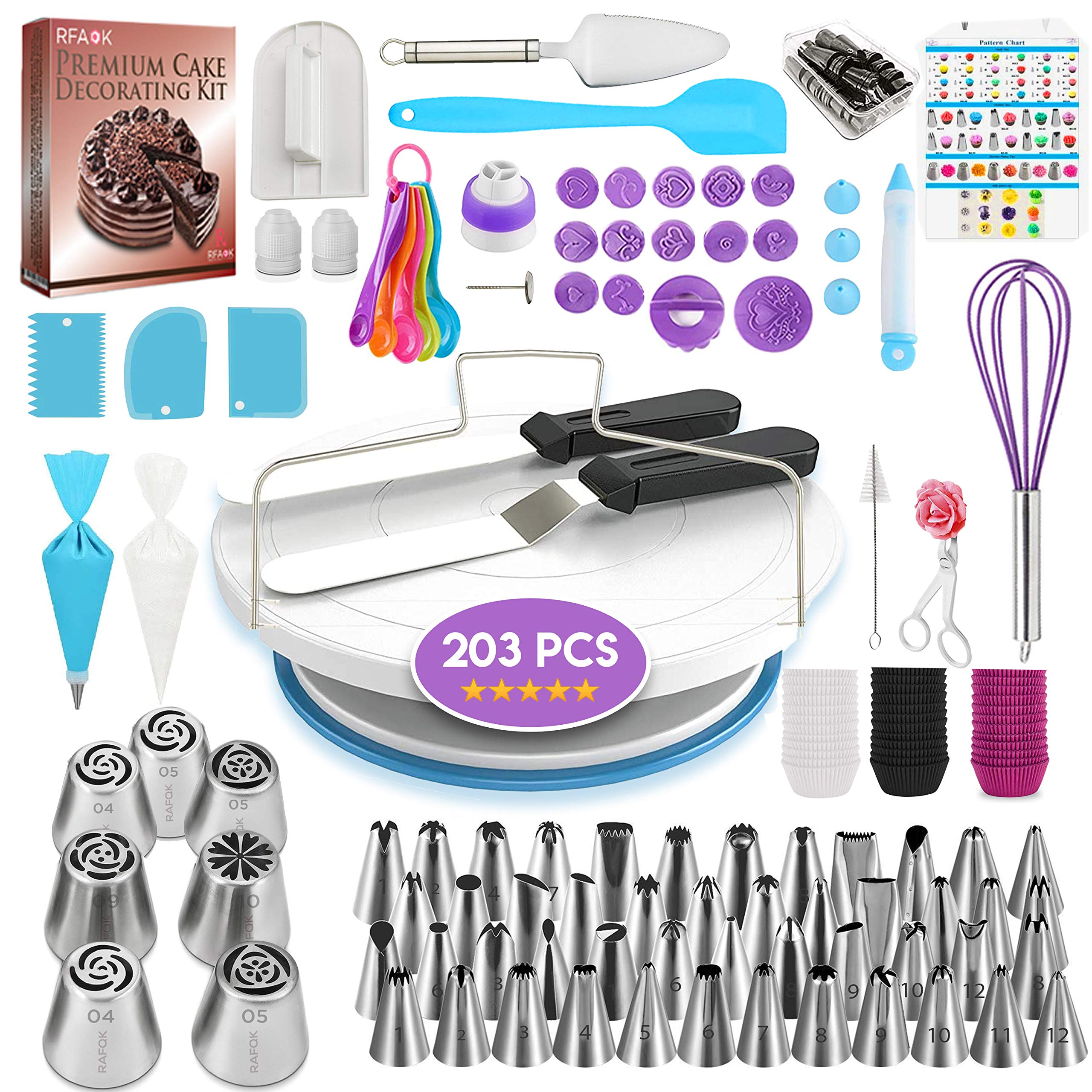 203 PCs Cake Decorating Supplies Kit for Beginners-1 Turntable stand- 48 Numbered Easy to use icing tips with pattern chart and E.Book-7 Russian Piping nozzles -2 Spatulas for Baking