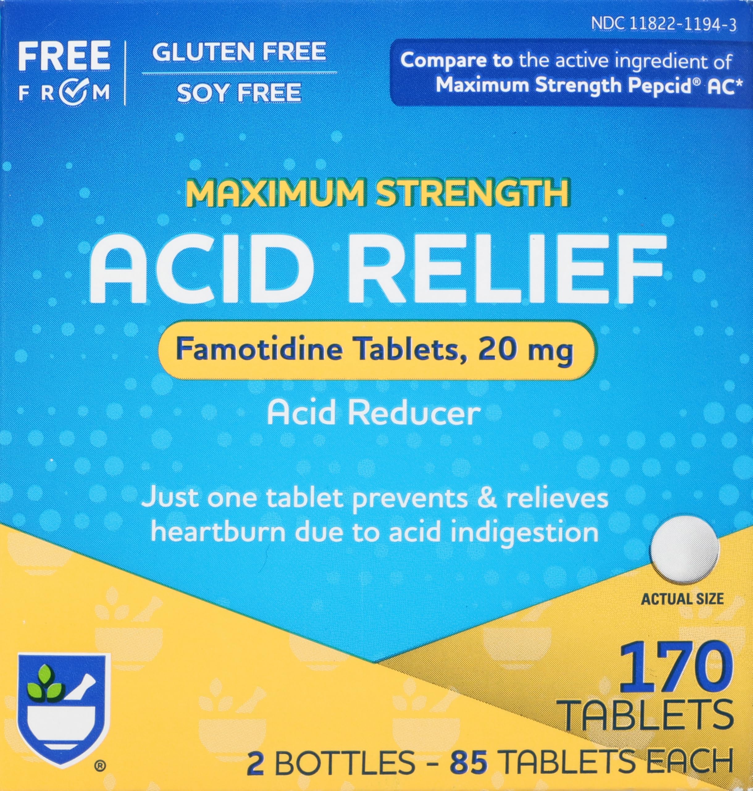 Rite Aid Acid Reducer, Maximum Strength Famotidine Tablets, 20 mg - 2 Bottles, 85 Count Each (170 Count Total), for Heartburn Relief, Acid Reflux