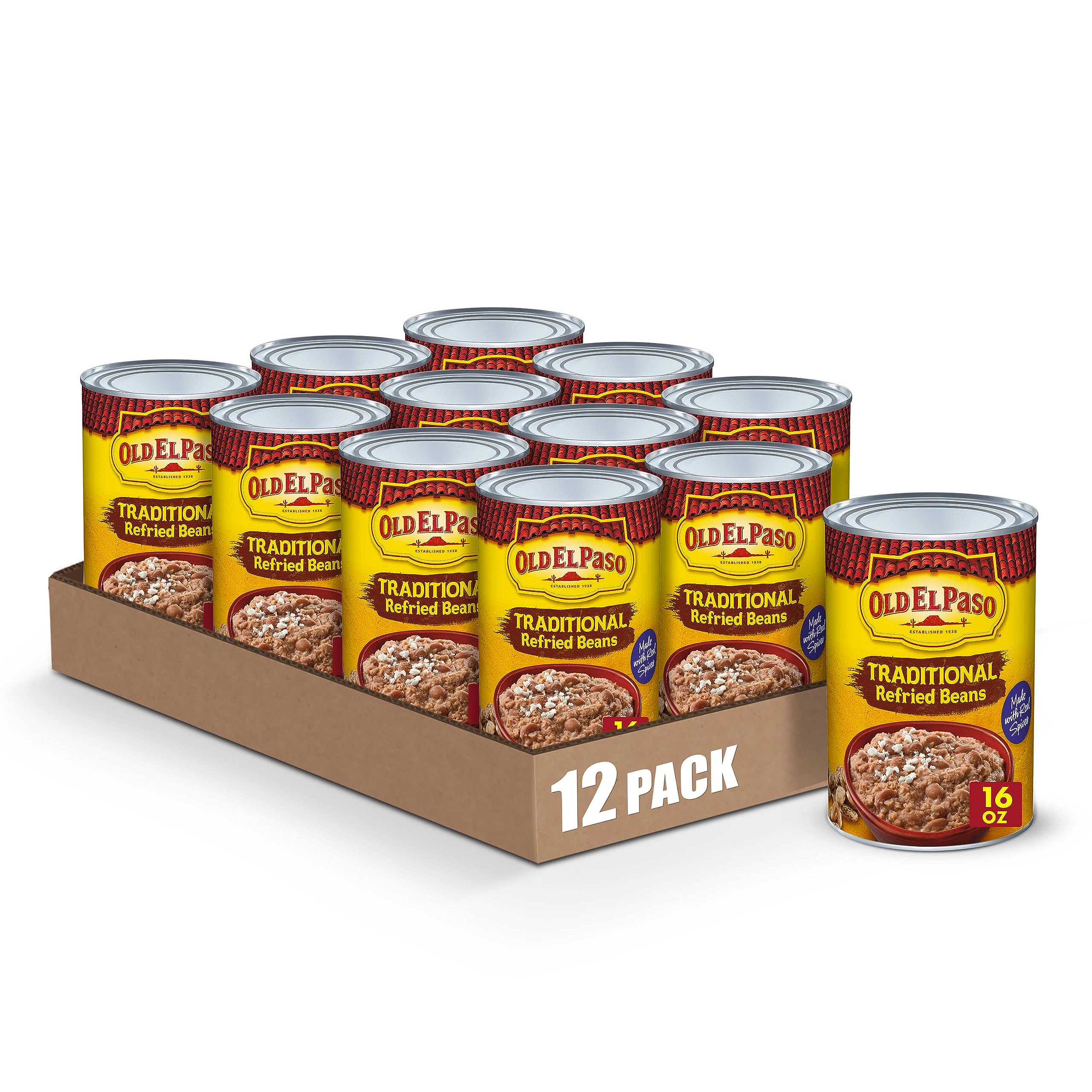 Old El Paso Traditional Canned Refried Beans, 1 Can, 16 oz (Pack of 12)