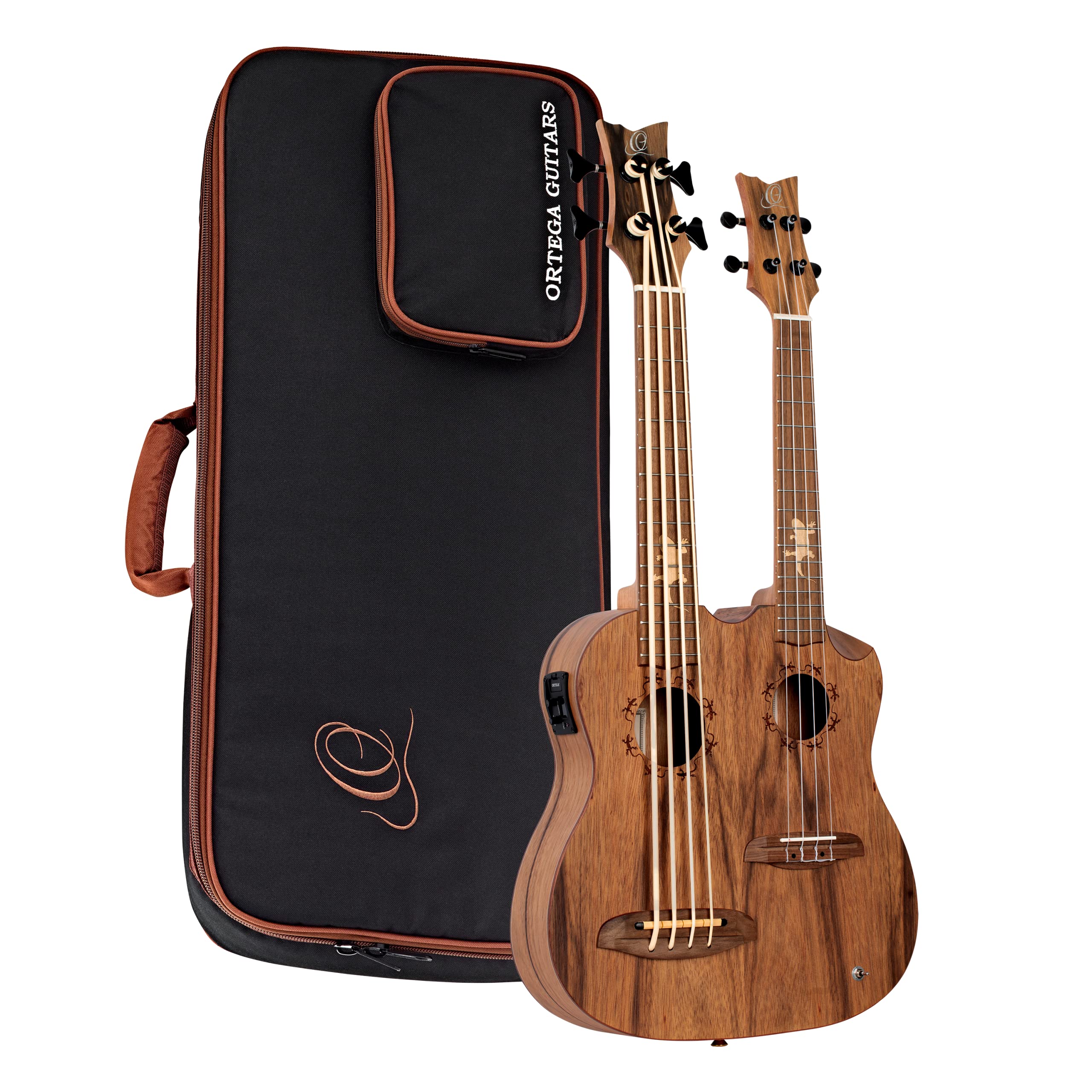 Ortega Guitars, 4-String Custom Built Series Double Neck Tenor Acoustic-Electric Ukulele & Uke-Bass w/Bag, Right (HYDRA-BSTE)