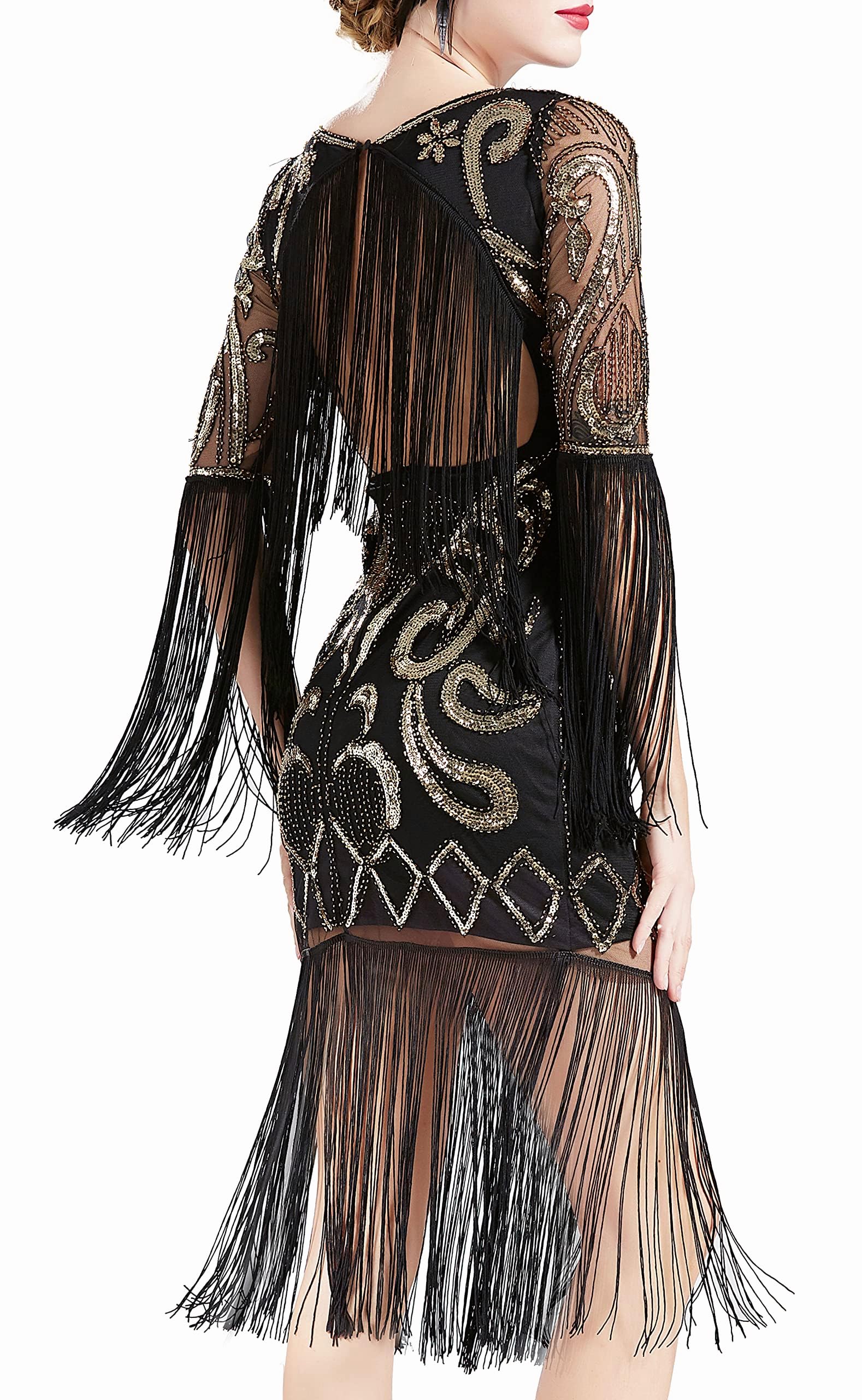 BABEYOND 1920s Flapper Dress Long Fringe Gatsby Dress Roaring 20s Sequin Beaded Dress Vintage Art Deco Dress