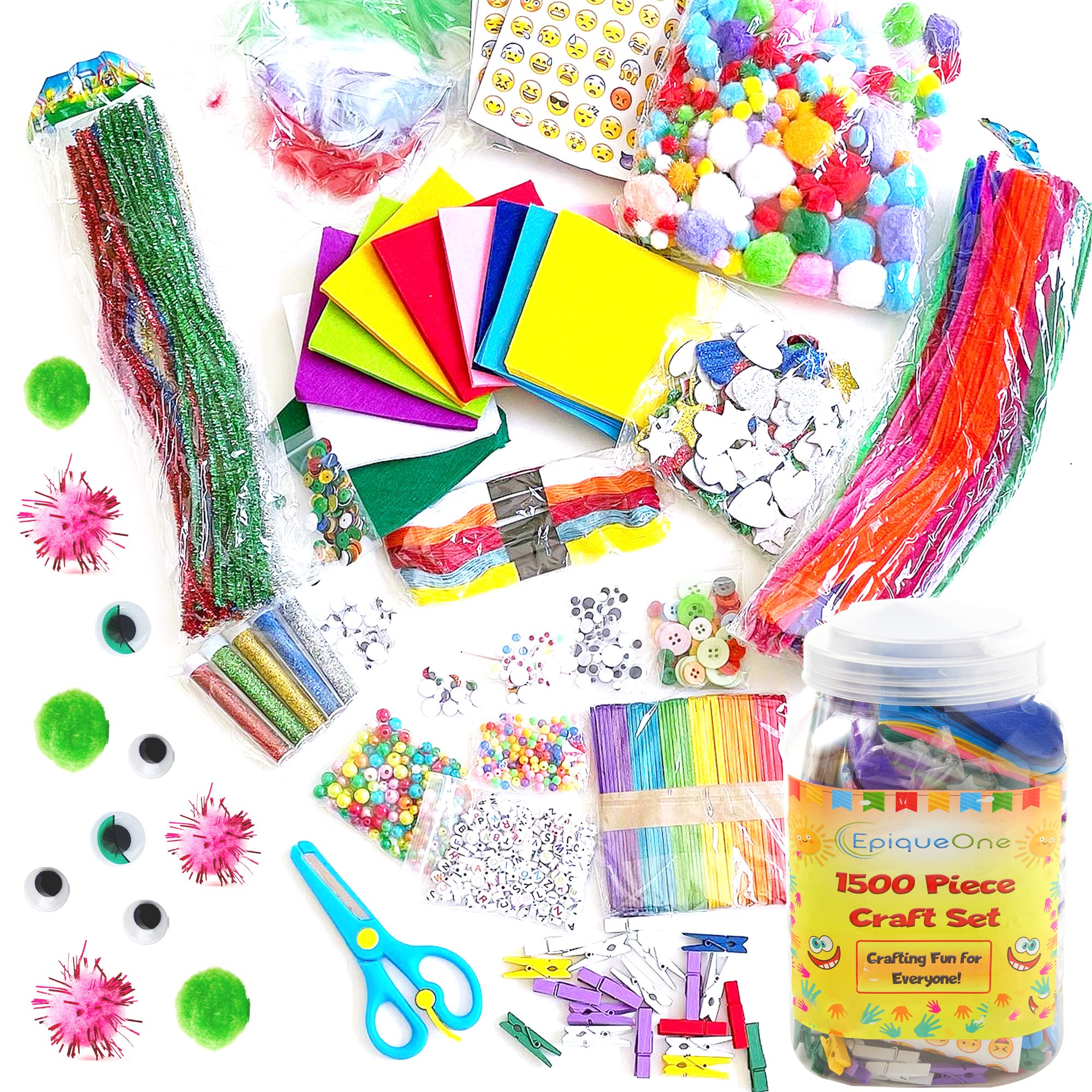 EpiqueOne 1500-Piece Arts & Craft Supplies Set | Includes Colorful Pom Poms, Beads, Sequins, Glitter Tubes, Felt & More | Ideal for Use at Home & School for DIY Art & Craft Projects, Decoration & More