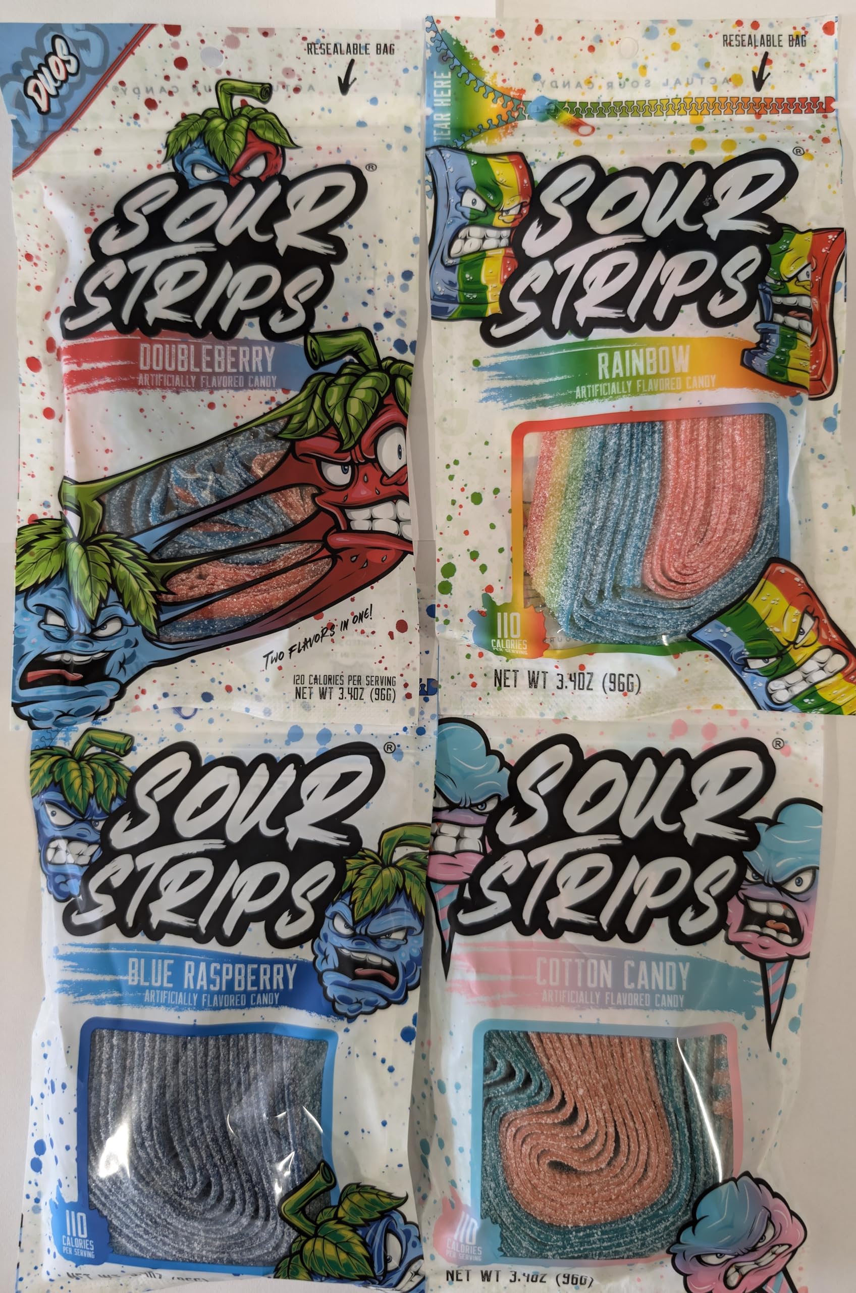 Generic Sour Strips Variety Pack (4 pack) - Top Selling Flavors including: DoubleBerry, Rainbow, Blue Raspberry, and Cotton Candy