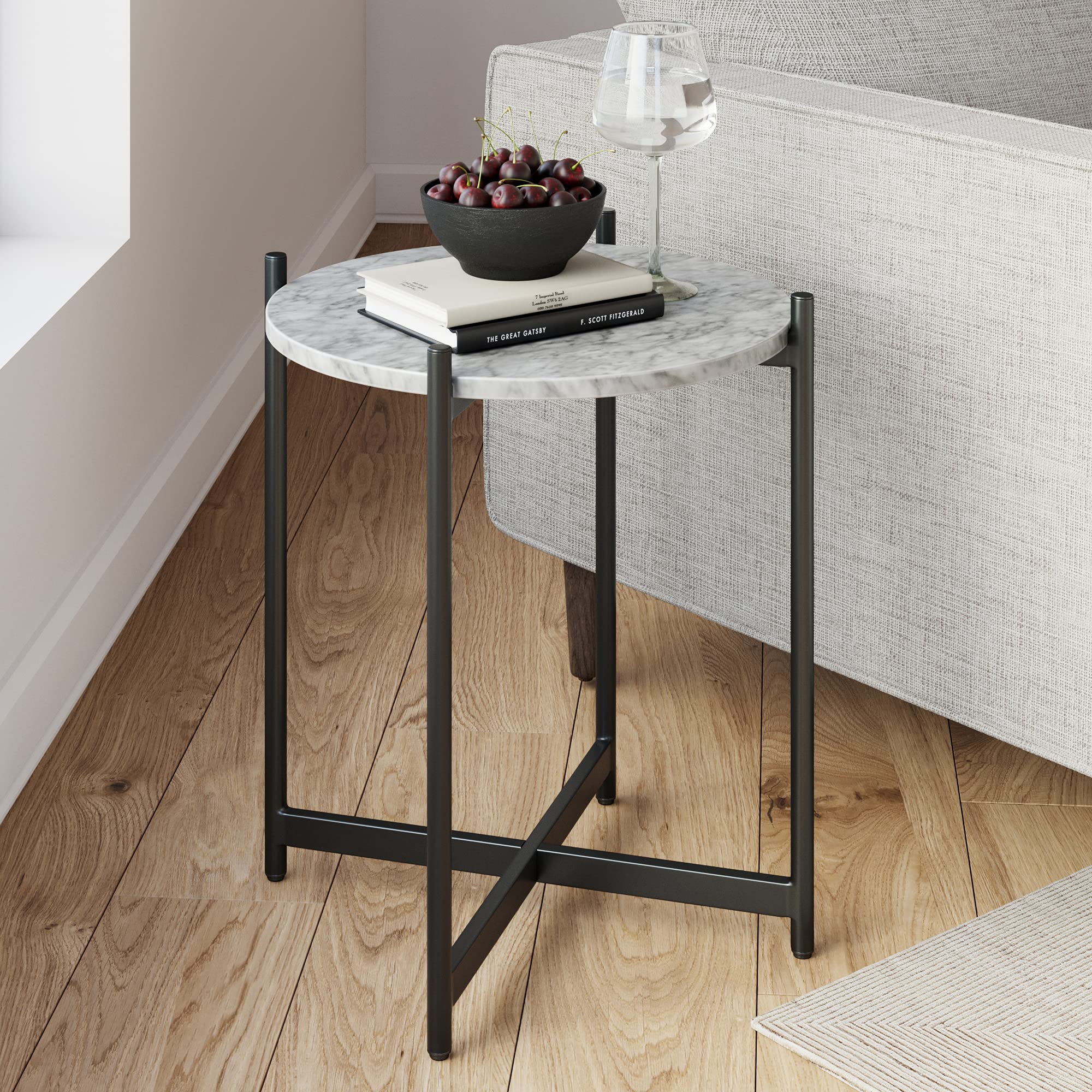 Nathan James Roland Modern Faux Marble Round Accent Side, Metal End Table with X-Shaped Base, White/Black