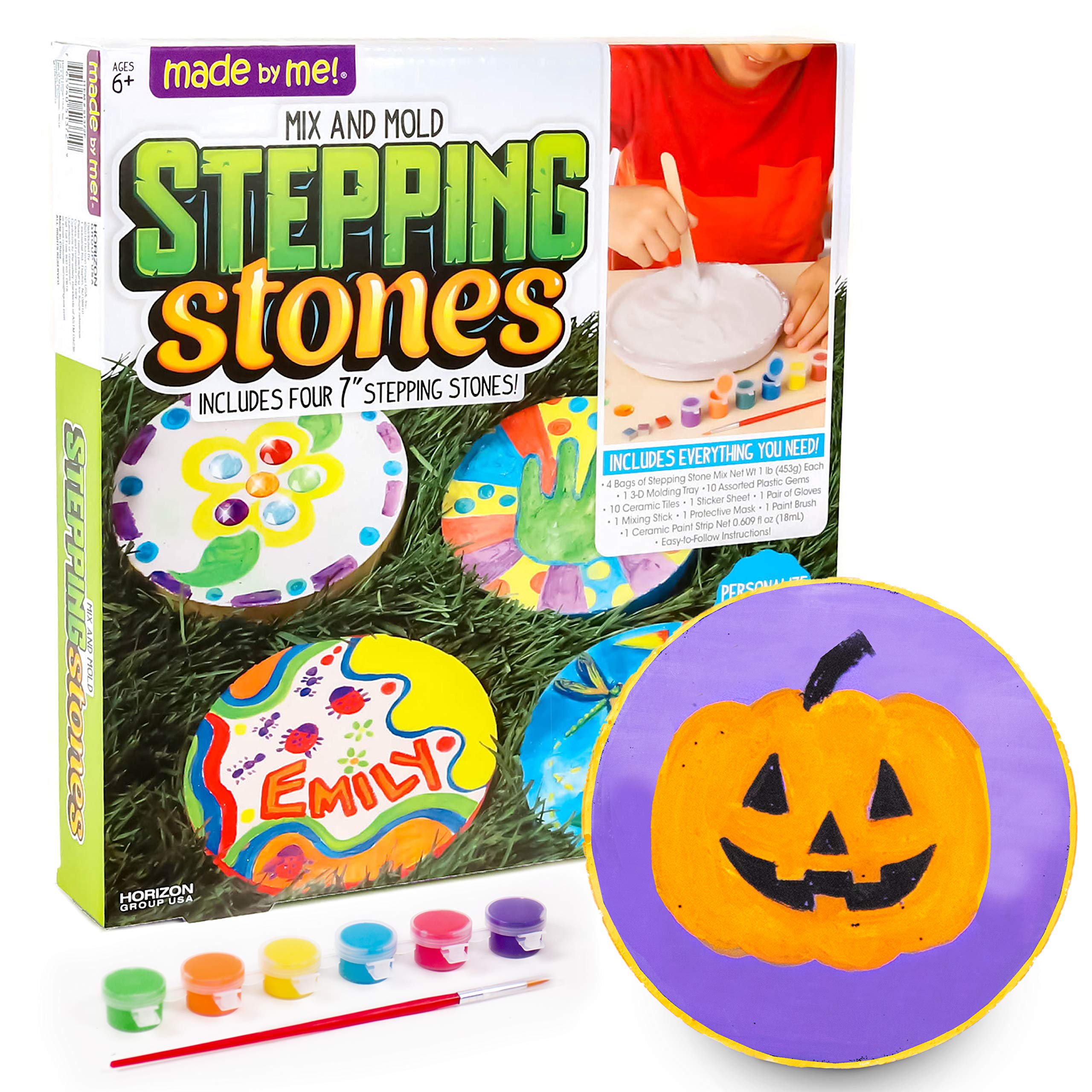 Made By Me Mix & Mold Stepping Stones, Make 4 DIY Personalized 7-Inch Ceramic Stepping Stones, Includes 3D Mold, Ceramic Paints, Ceramic Tiles, & Assorted Gems, Paint Your Own Stepping Stones