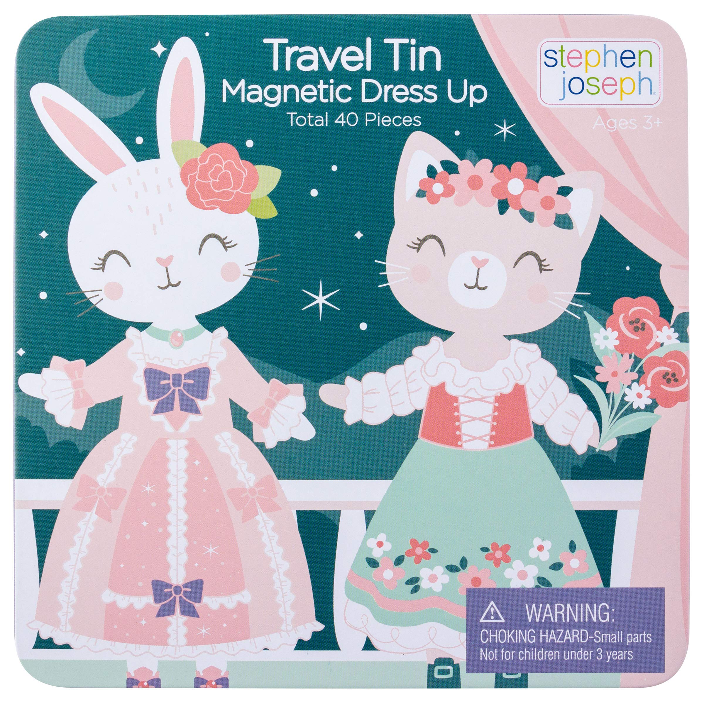 Stephen Joseph, Travel Tin Magnetic Dress Up,Bunny and Cat Small, 40 unique pieces