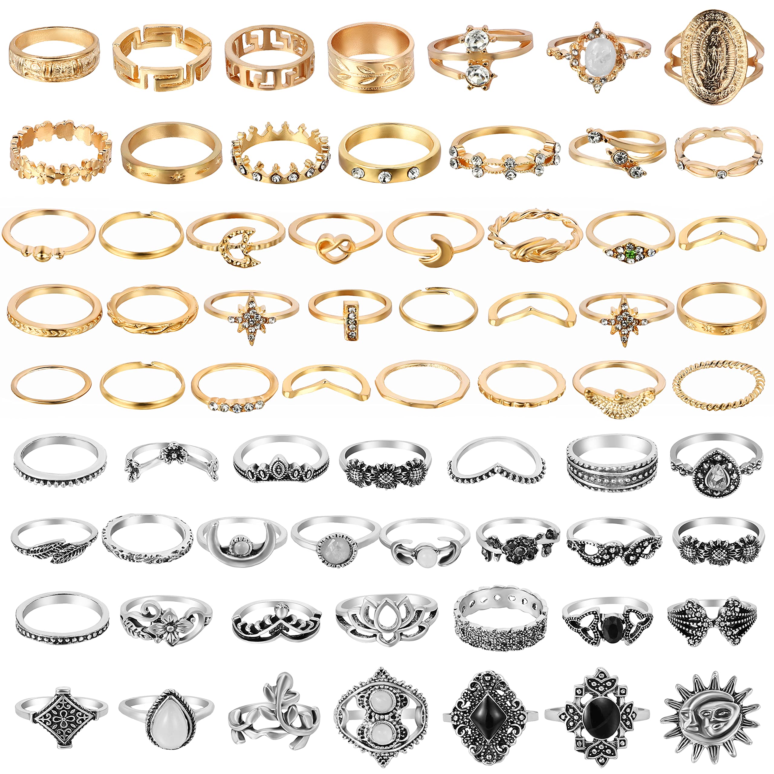 PANTIDE 67Pcs Vintage Knuckle Rings Set Stackable Finger Rings Midi Rings for Women Bohemian Hollow Carved Flowers Gold&Silver Rings Crystal Joint Rings with Storage Bag