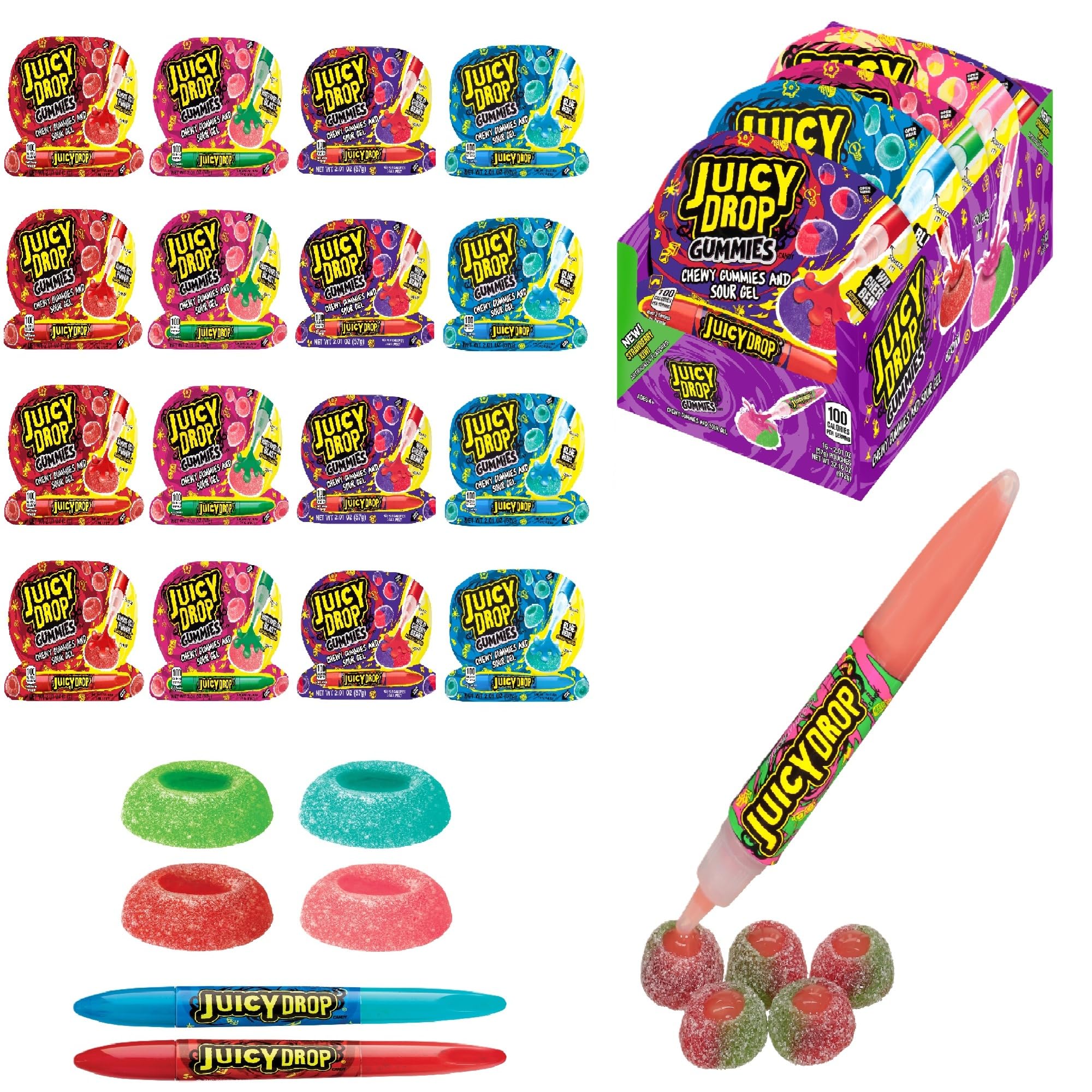 Juicy Drop Gummies Candy, Sweet Gummies & Sour Gel Pen, Sour Candy Variety Pack Assorted Flavors (Pack Of 16) - Fun Sour Candy For Birthdays and Parties - Slime Lickers Gummy Candy