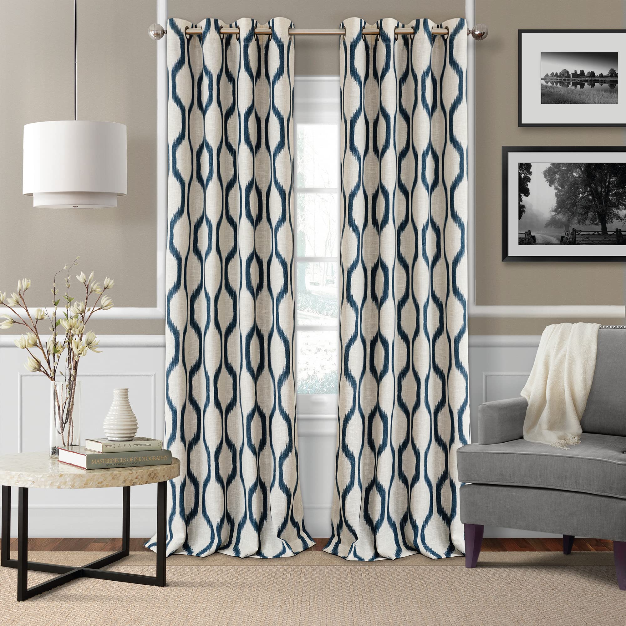 Elrene Home Fashions Renzo Ikat Geometric Room-Darkening Window Curtain, Living Room and Bedroom Drape with Grommets, 52"x95", 1 Panel, Indigo