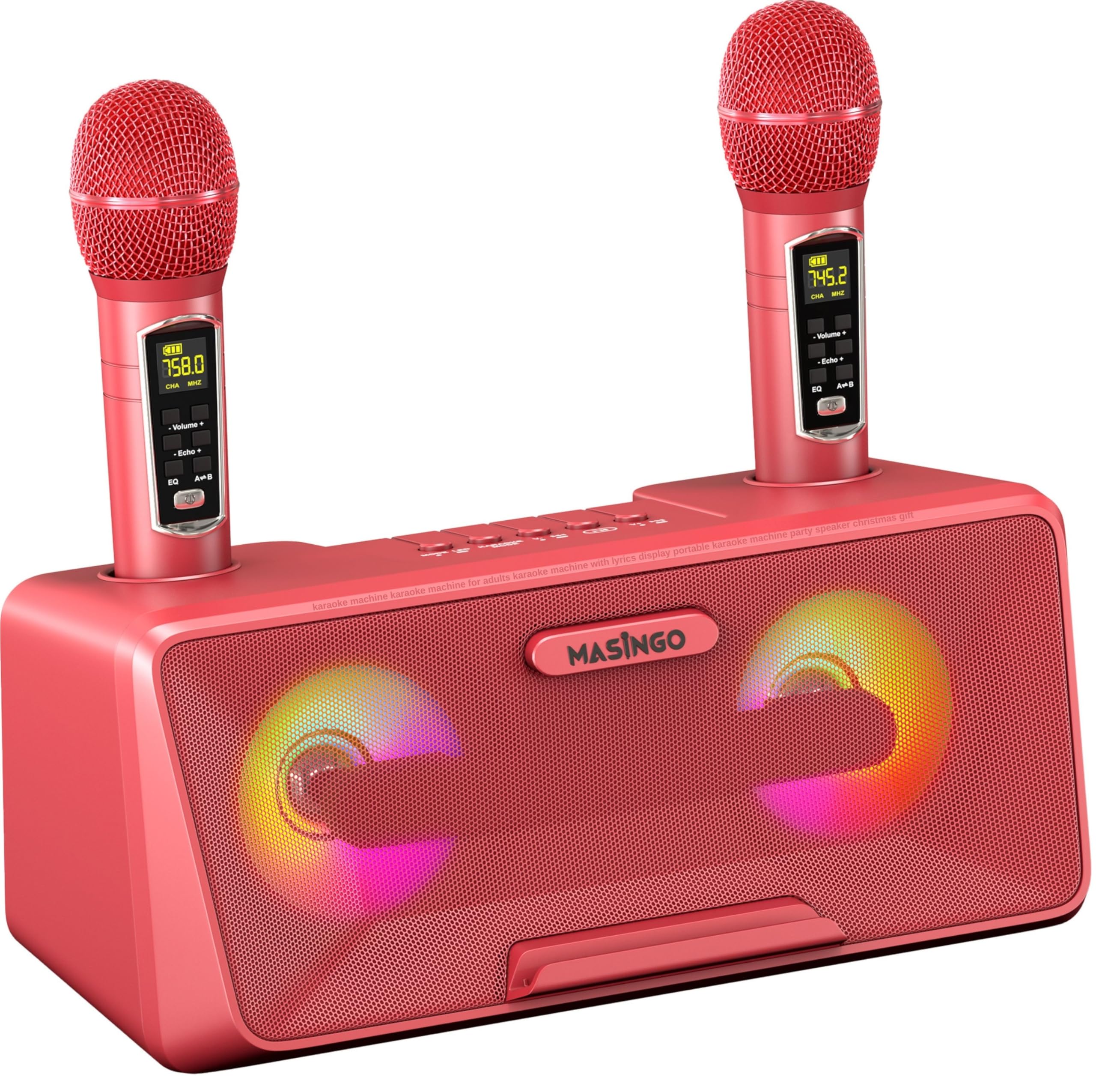 MASINGO Karaoke Machine for Adults and Kids with 2 Wireless Microphones, Portable Bluetooth Singing Speaker, Colorful LED Lights, PA System, Lyrics Display Phone Holder, and TV Cable. Presto G2 Pink