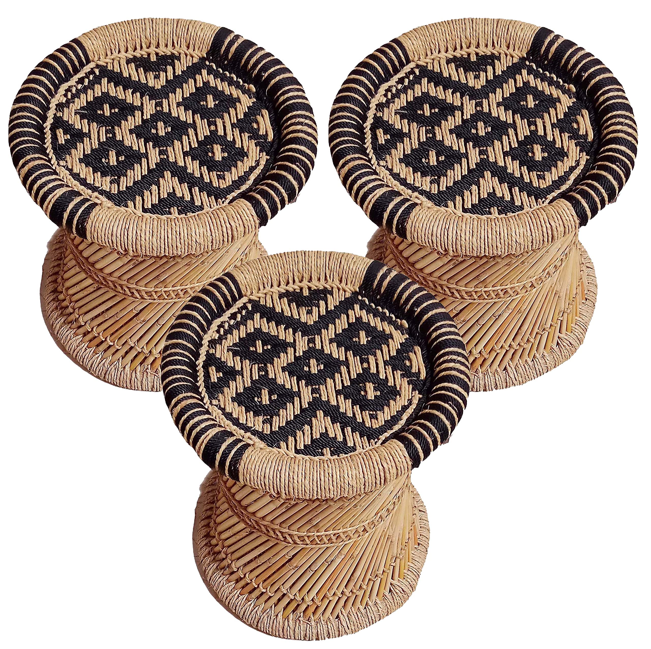 Lavanya Enterprises Rajasthani Handmade Cane Wood Bamboo Mudda for Living Room, Balcony (15X15 in) | Pack of 1 Sitting Stool/Chair for Outdoor/Indoor Furnishing (Black and Gold)