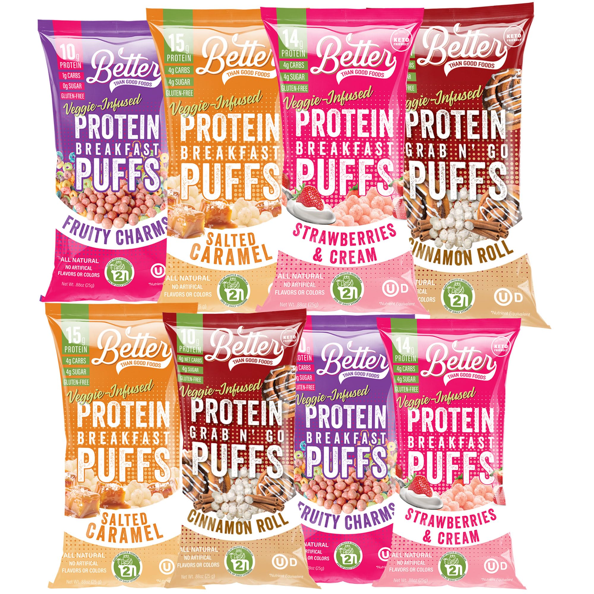 New BETTER THAN GOOD Keto Protein Puffs | 16g Protein, 2 Servings of Fruits & Veggies | Paleo, Low Sugar, Low Calories, Gluten Free, Diabetic Friendly Keto Snacks (Sweet Sampler 8 Pack)