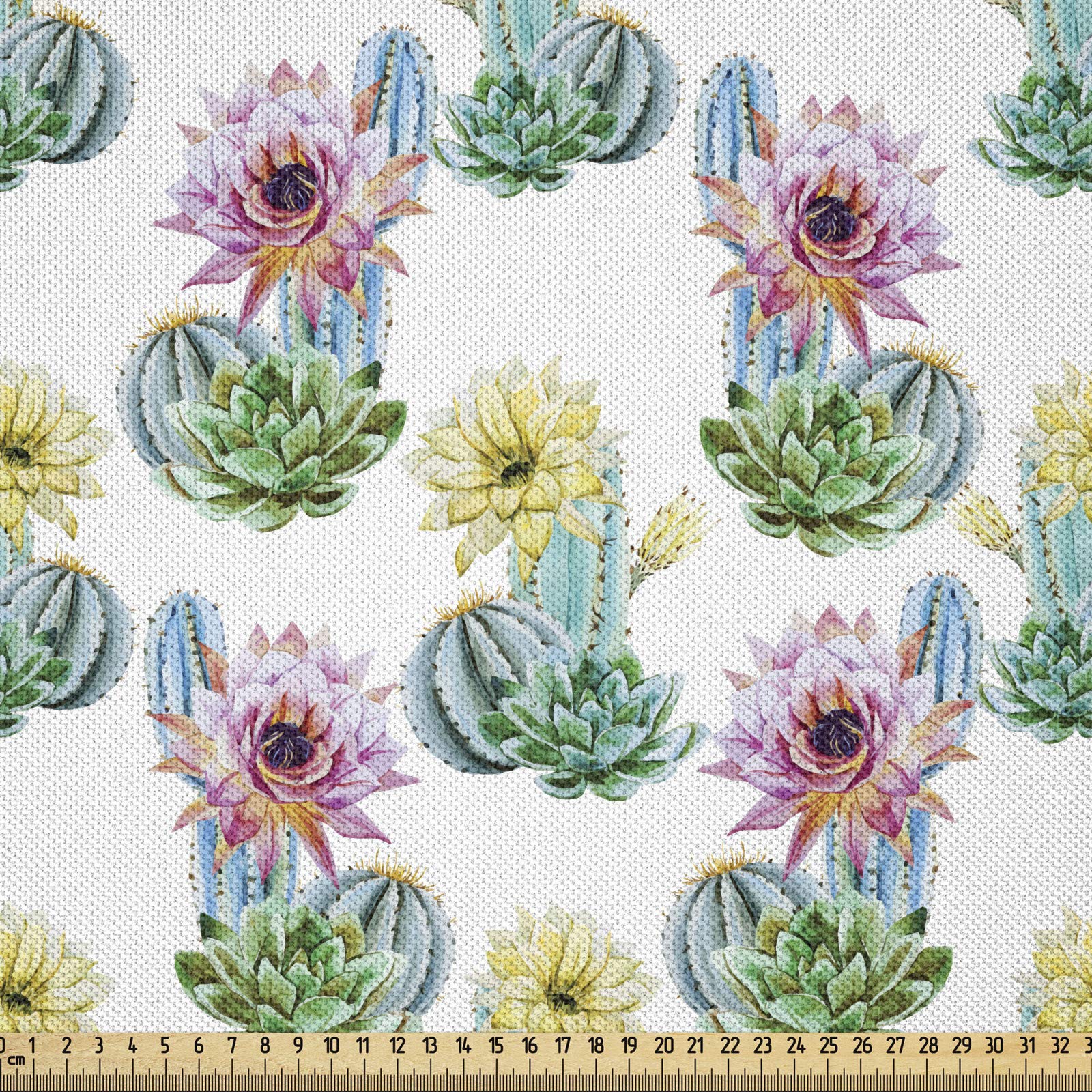 ABAKUHAUS Cactus Fabric by The Yard, Hot Desert in South Mexican Land Vintage Plant Cactus Flowers with Spikes, Fabric for Upholstery and Home Decor Accents,10M (148x1000cm), Pink Green and Blue