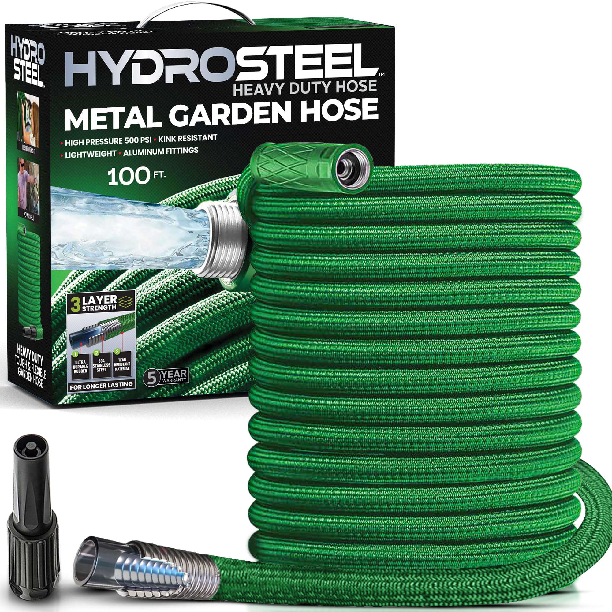 HYDROSTEEL Metal Garden Hose 100 Ft with Nozzle, Water Hose 100Ft, Heavy Duty 3x Layer Stainless Steel Flexible 100 Ft Garden Hose, Lightweight, Easy to Coil, Garden Hoses 500 PSI AS SEEN ON TV