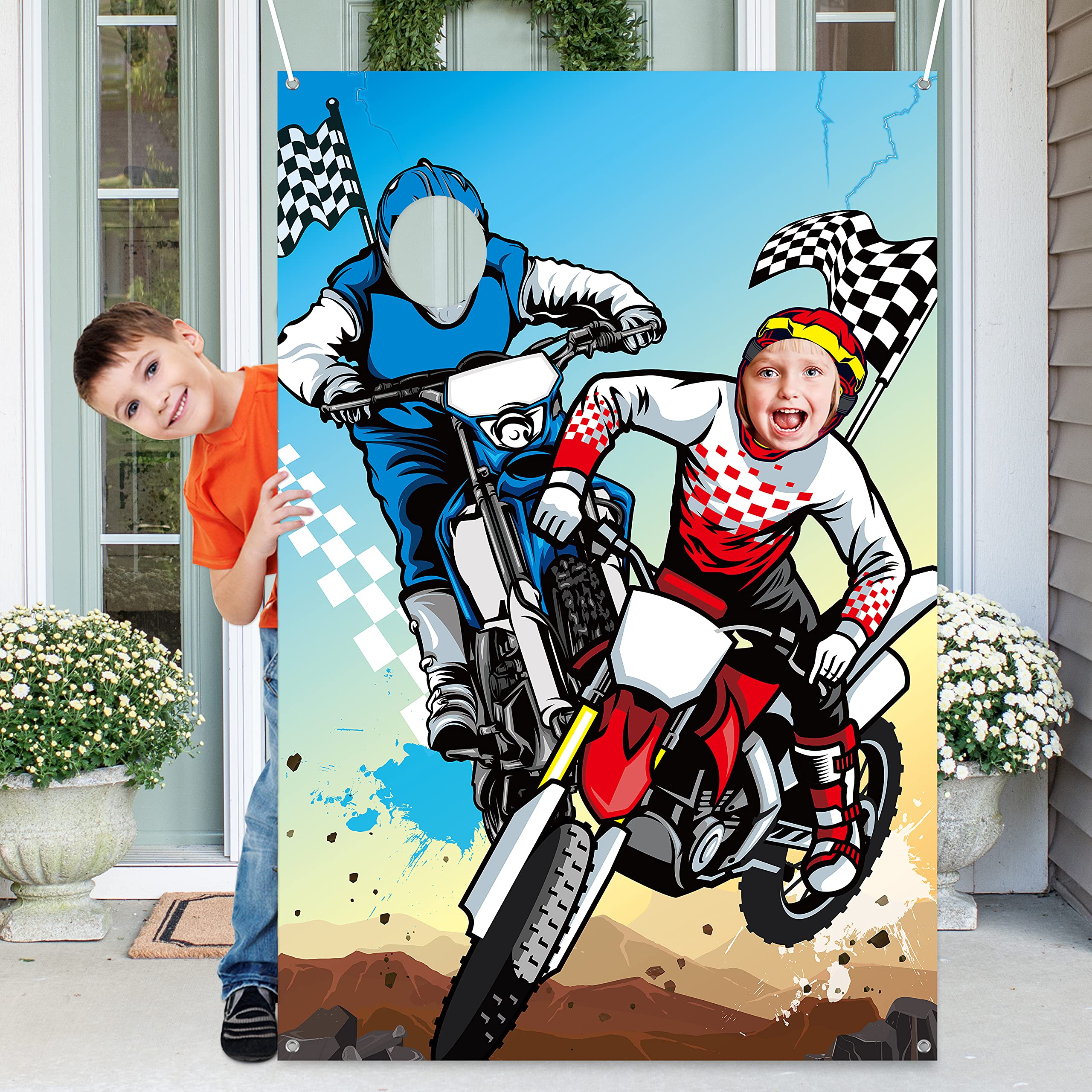 PANTIDE Motocross Photo Door Banner Backdrop Props, Large Satin Photo Background Face Photography Banner Decor Dirt Bike Theme Party Favor Supply Decorations Funny Party Games for Kids, 59 x 39 Inch