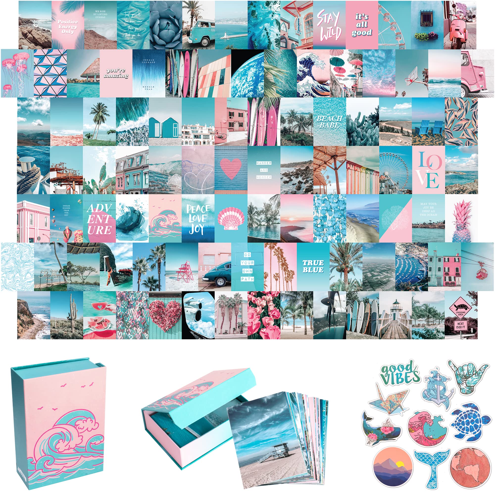 Blue Aesthetic Wall Collage Kit, 100 Set 4x6 inch, Pink VSCO Room Decor for Teen Girls, Summer Beach Wall Art Print, Dorm Photo Collection, Small Posters for Room Aesthetic