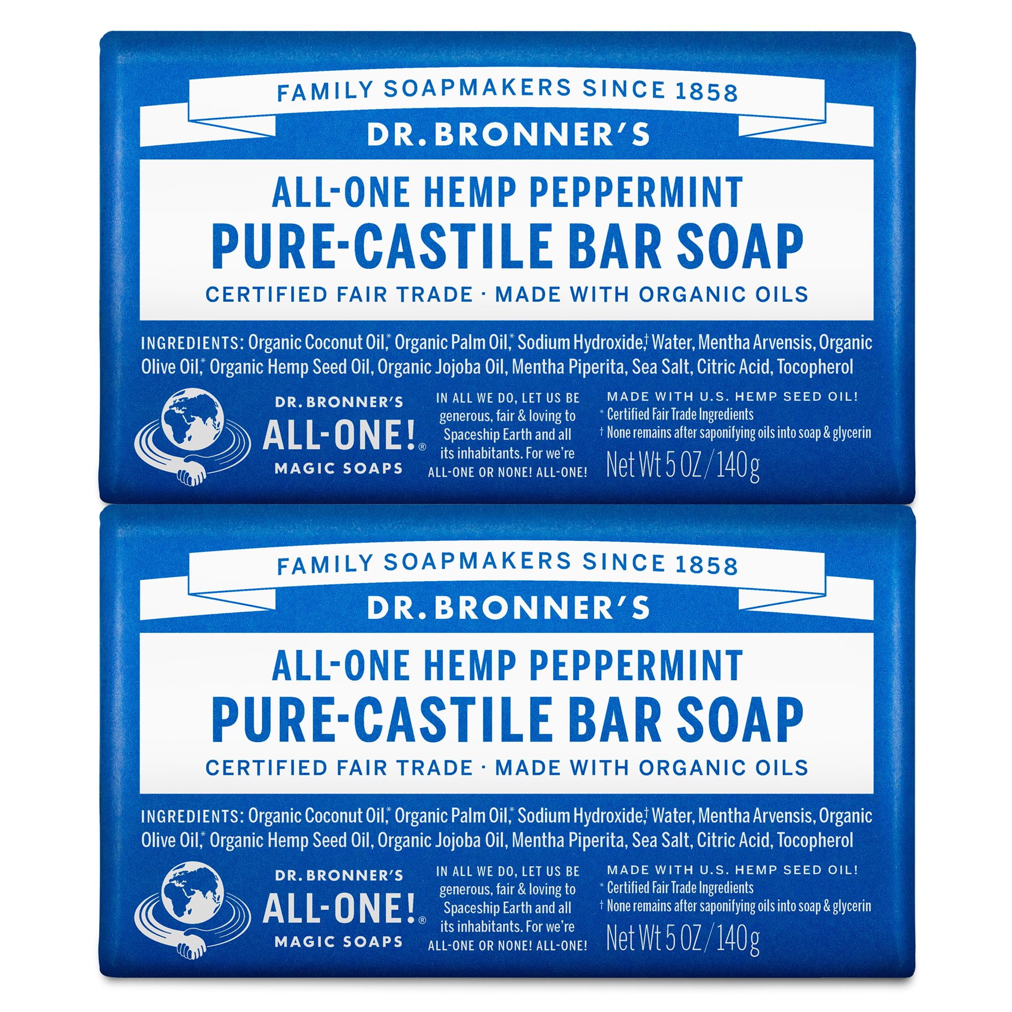 Dr. Bronner's - Pure-Castile Bar Soap (Peppermint, 5 ounce, 2-Pack) - Made with Organic Oils, For Face, Body and Hair, Gentle and Moisturizing, Biodegradable, Vegan, Cruelty-free, Non-GMO