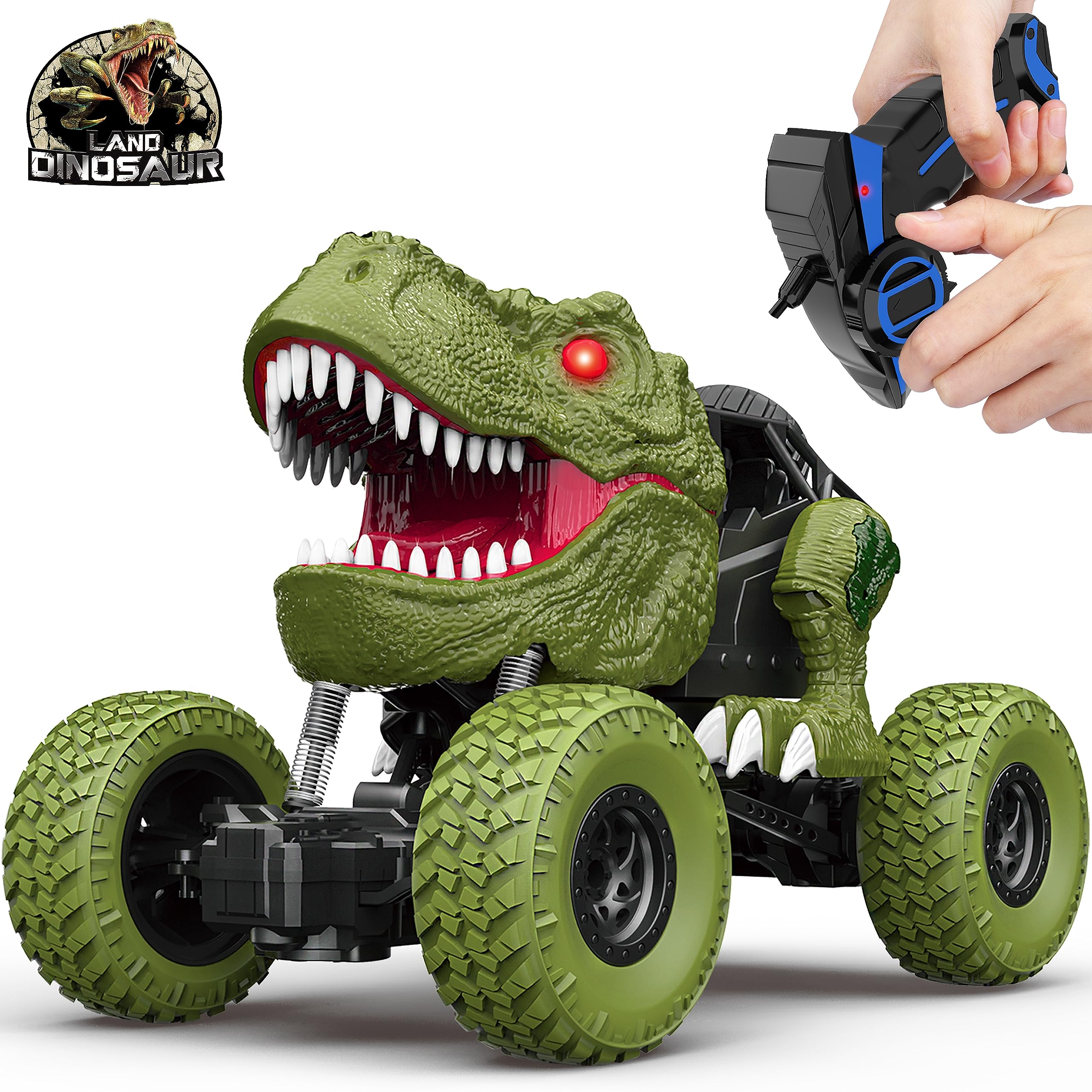 Remote Control Dinosaur Car for Kids Boys, 2.4Ghz All Terrain Remote Control Dinosaur Truck with Light, Rechargeable 4WD Off Road RC Car Toys for Kids 3 4 5 6 7 8-12 Year Old Boys Girls Birthday Gift