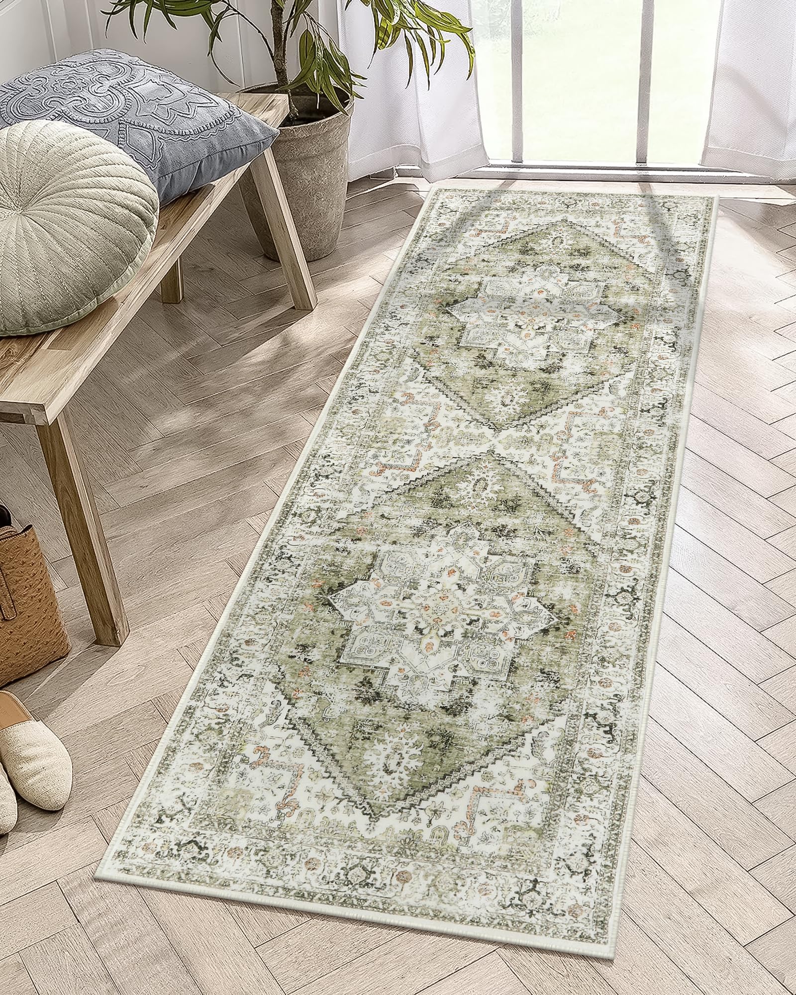 LIVEBOX Washable Runner Rug 2x6 - Vintage Tribal Kitchen Rug Runner Long Entryway Rug, Low-Pile Vintage Rug for Bedroom, Non-Skid Soft Carpet Throw Rug for Bathroom Laundry Room Hallway Sage