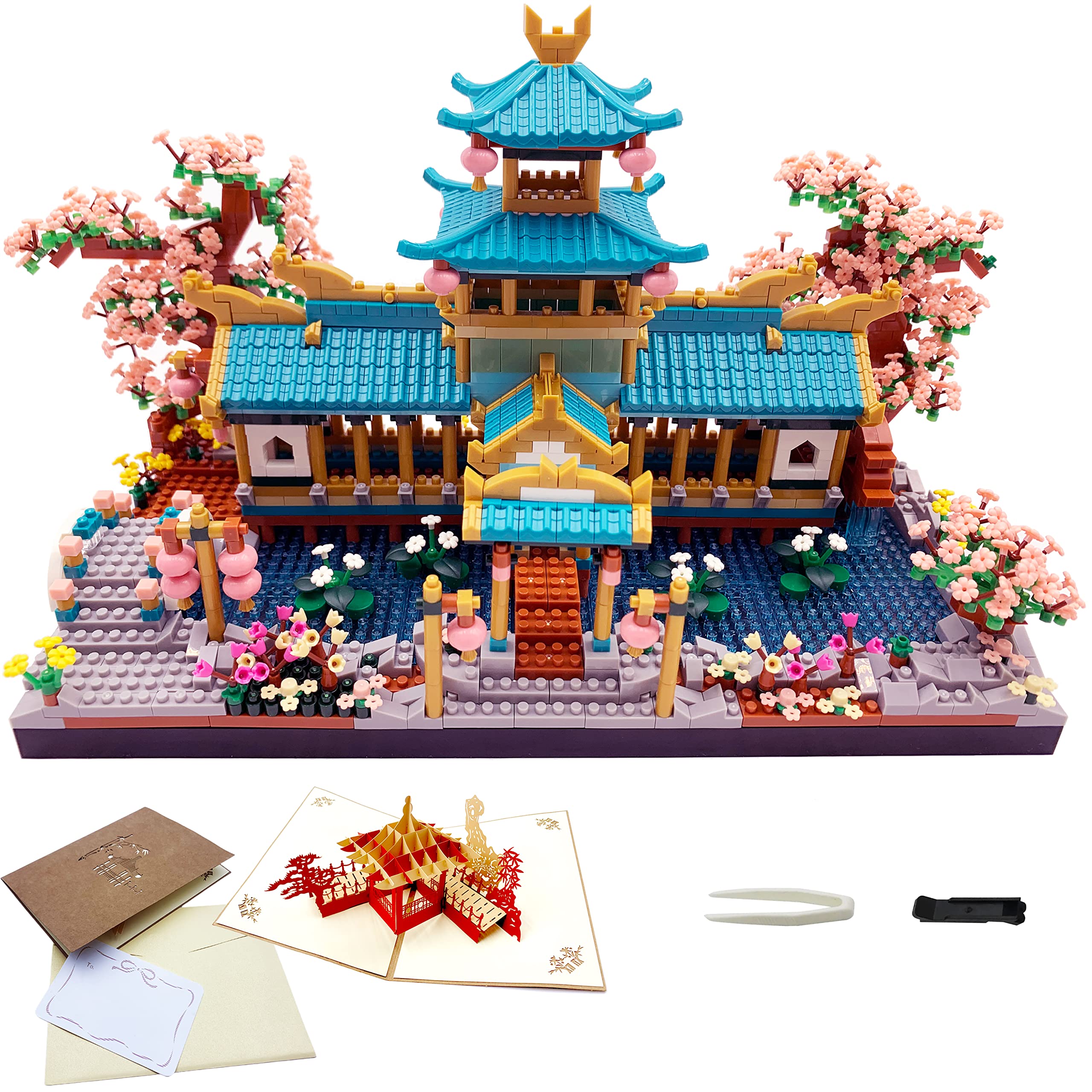 Micro Building Blocks Set，Chinese Suzhou Garden Architecture and Cherry Blossom Bonsai Tree Building Toys for Adults，Japanese Sakura House Model，Creative Mini Bricks Gift for Kids 14+，2350 pcs