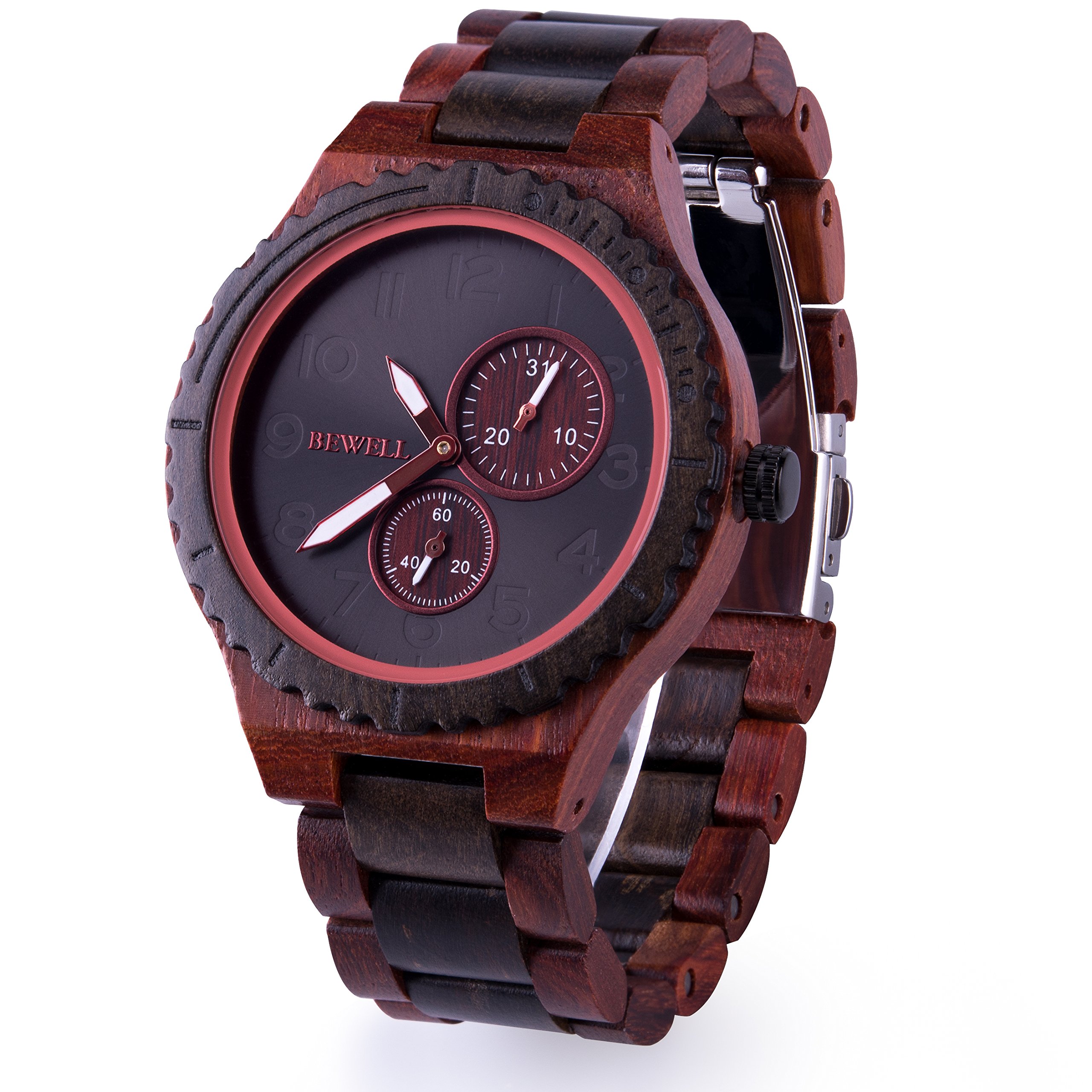 BEWELLMen Wood Watch Quartz Date Vintage Handmade Analog Wrist Watches W154A (Red and Black Sandalwood)