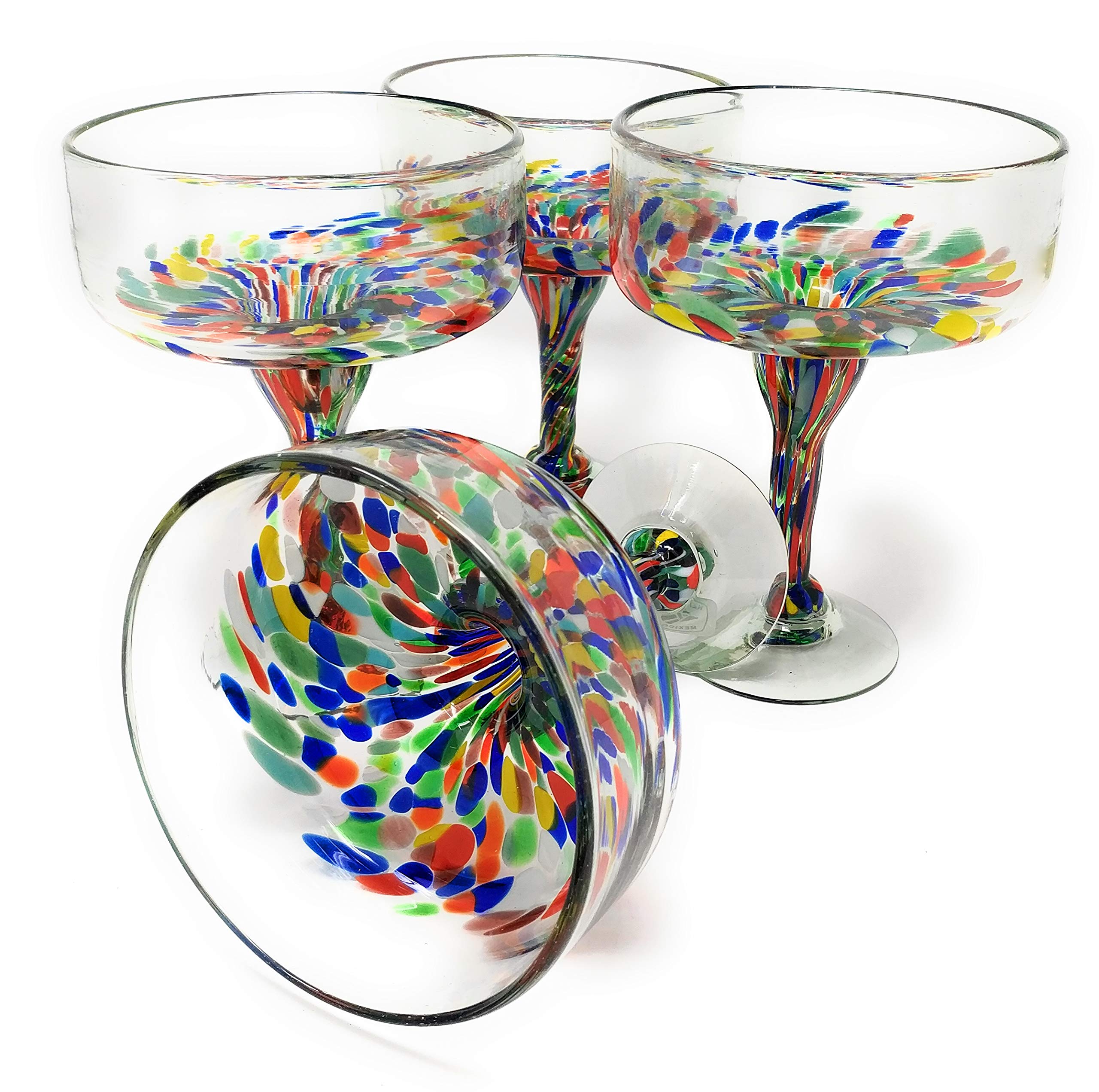 Mexican Hand Blown Glass – Set of 4 Hand Blown Margarita Glasses Confetti Carmen (16 oz)