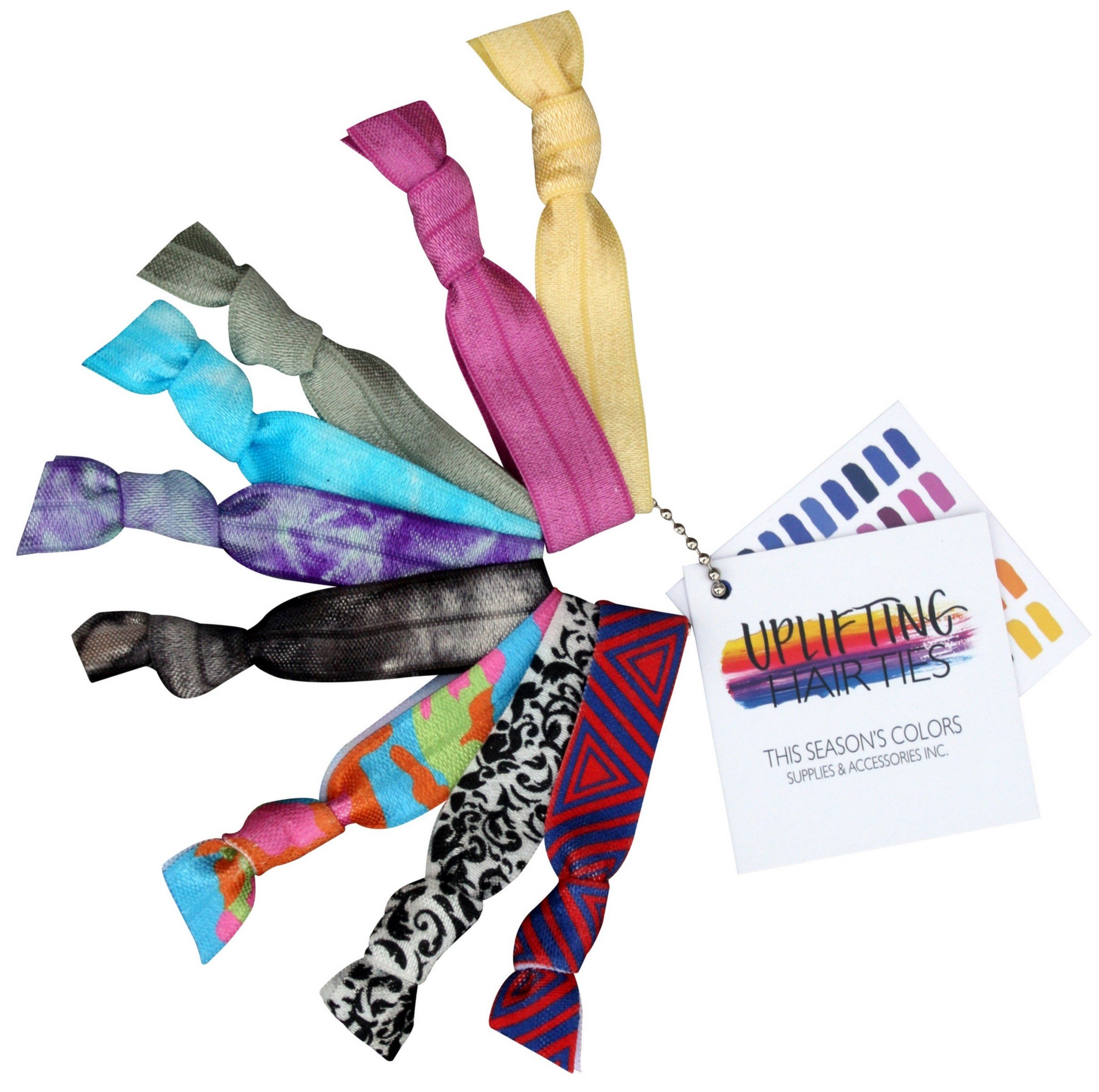 Uplifting Hair Ties by THIS SEASON'S COLORS Assorted Colors, Set of 9, No crease Ouch less Ponytail Holders, Elastic (3 Print, 3 Tie Dye & 3 Solid Colored Hair Ties)