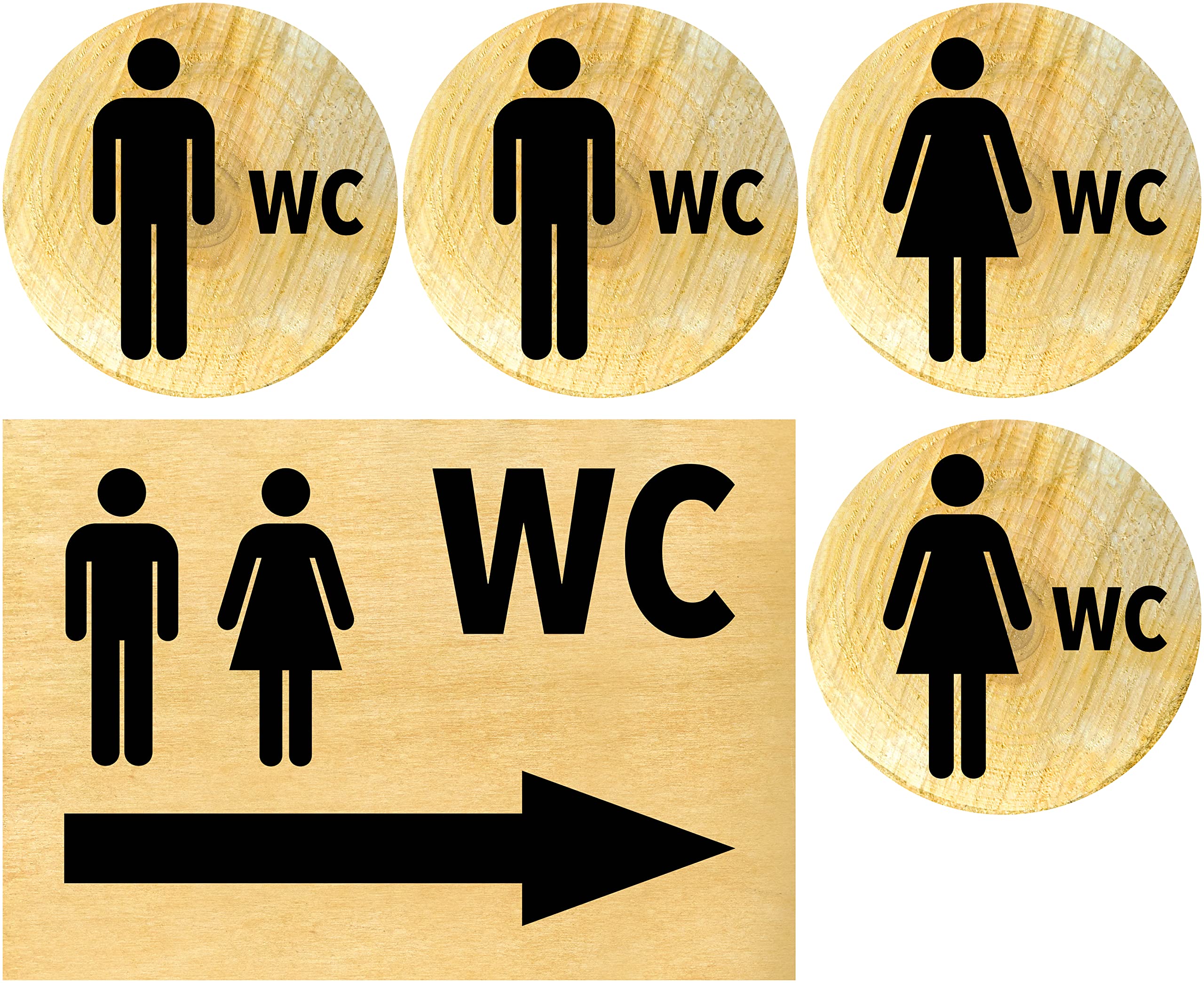 Clever Pool Sticker Toilet Set Women + Men Sign - Weatherproof - Toilet Sign - Door Sign - Foil Sign - D = 148 mm, Rustic Wood Notice Signs (2 WC Men + Women + Arrow Right Wood)