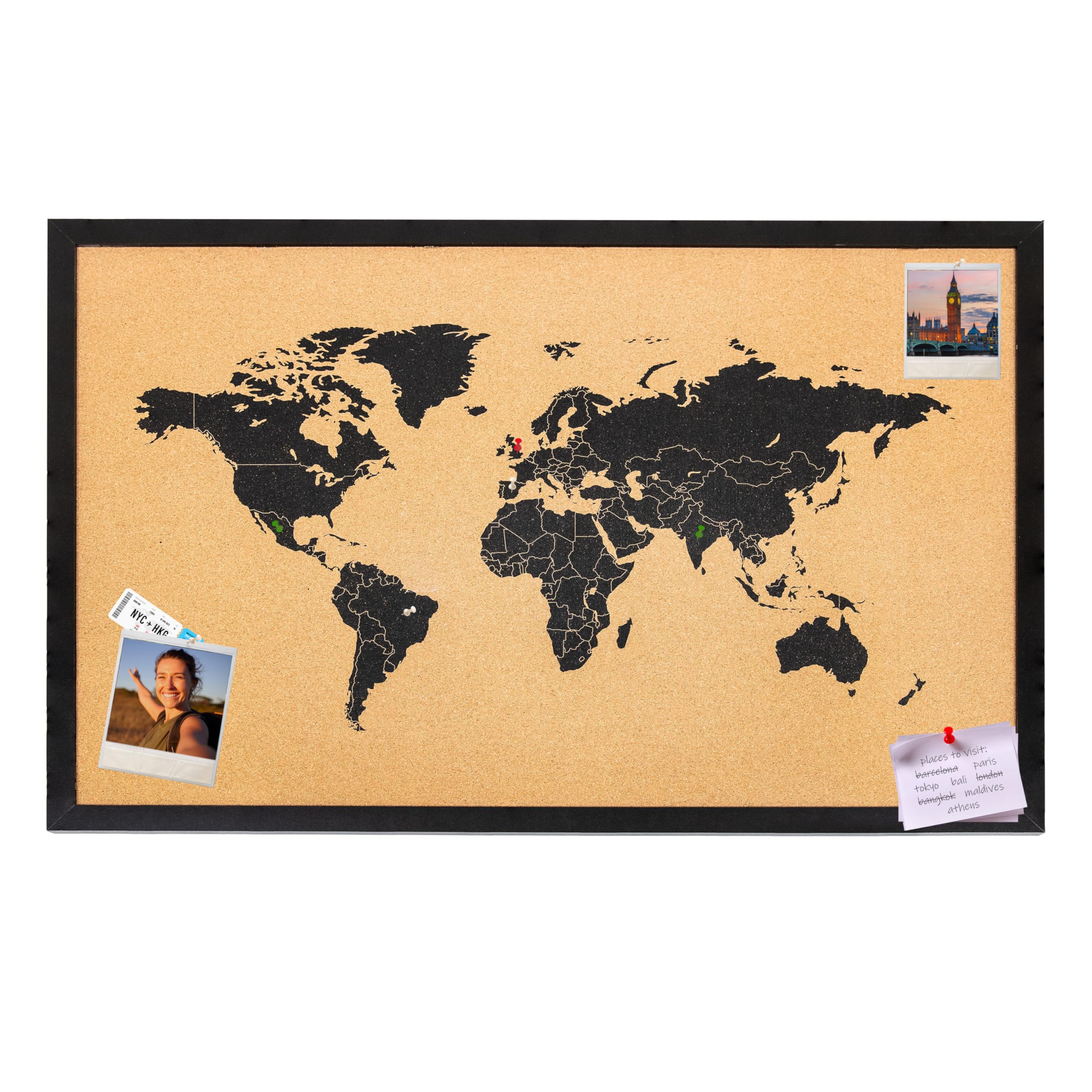 Sunnydaze World Map Cork Board with Push Pins - 35.5" W x 23.75" H Cork World Map Pin Board for Wall