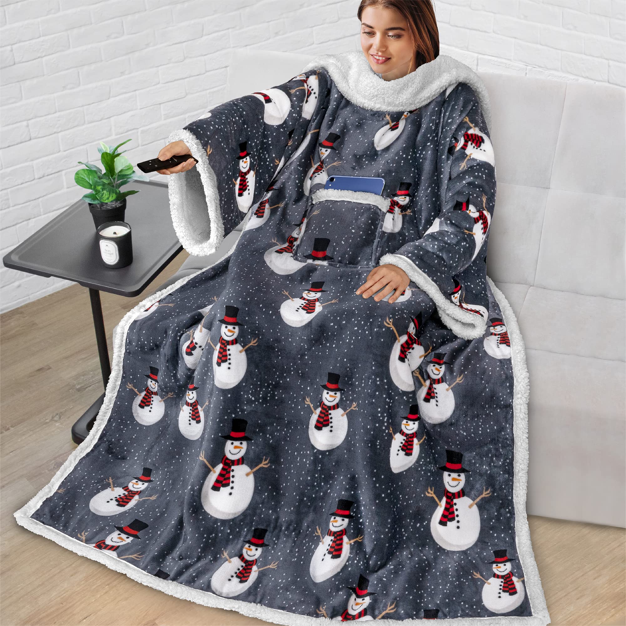 PAVILIASherpa Fleece Blanket with Sleeves Women Men Adult, Wearable Blanket Warm Soft Plush Thick, Hug Sleep Snuggle Pocket Sleeved TV Throw Wrap, Cozy Ideas Mom Wife, Snowman Gray